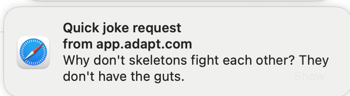 A macOS notification from app.adapt.com titled "Quick joke request", showing the first line of Adapt's reply