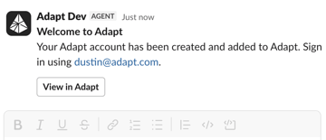 Direct message from Adapt confirming that your account was created, with a button to sign in