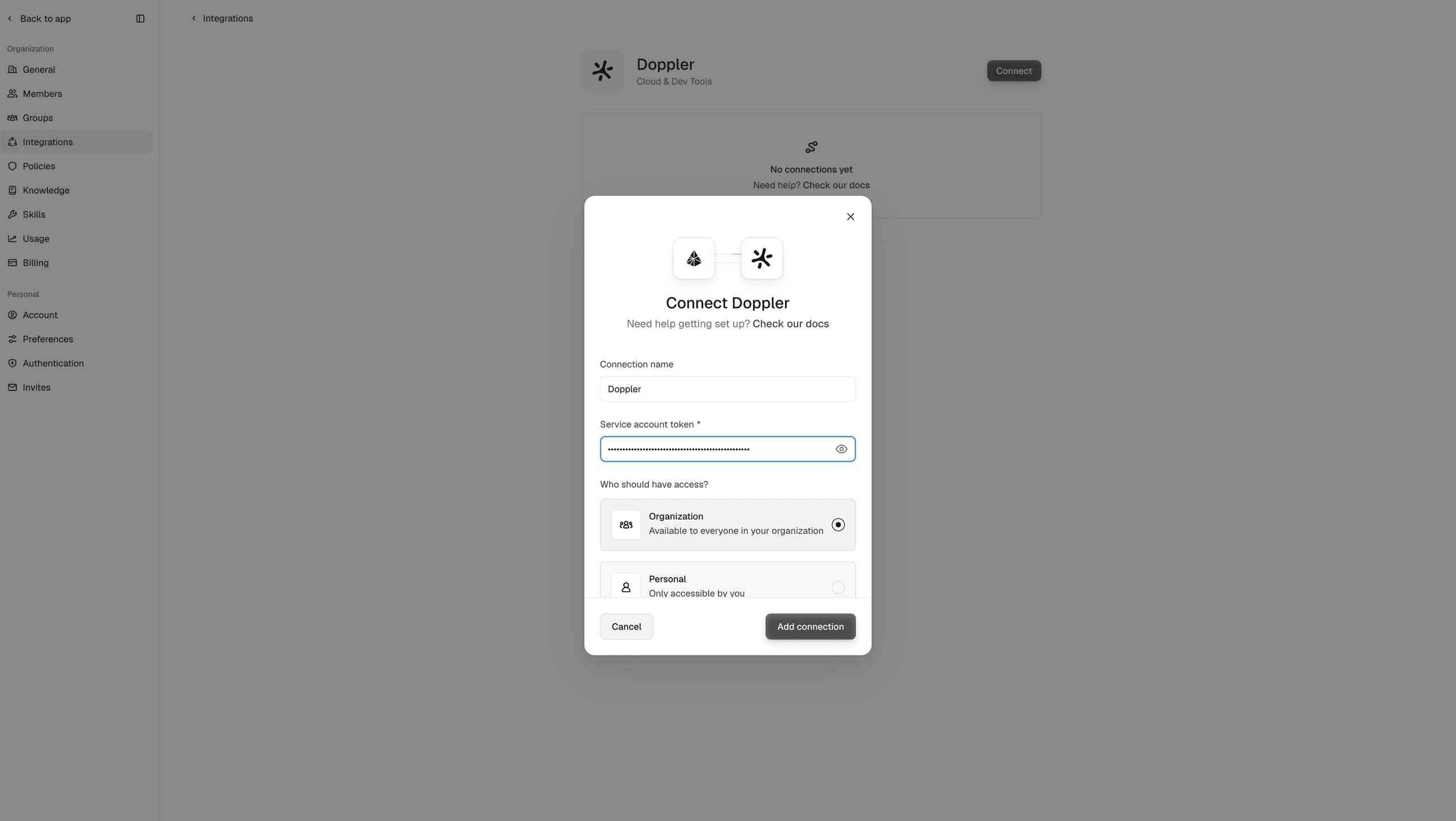 Adapt Connect Doppler dialog with a connection name field, the Service account token field filled in, and Organization or Personal access options
