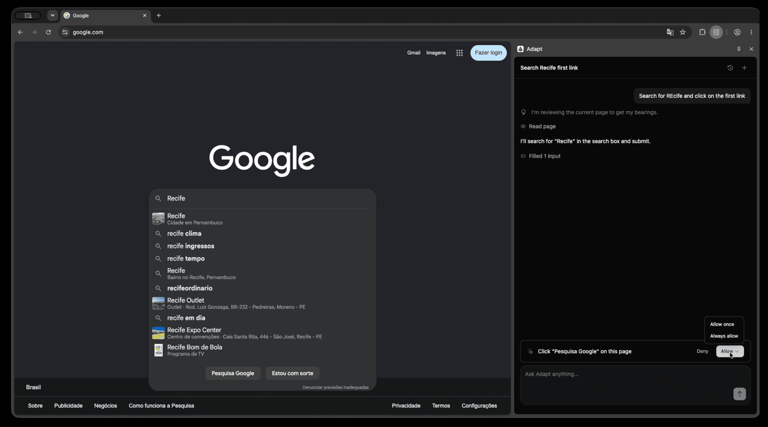 Adapt asks for permission before clicking the Google Search button in the current browser tab