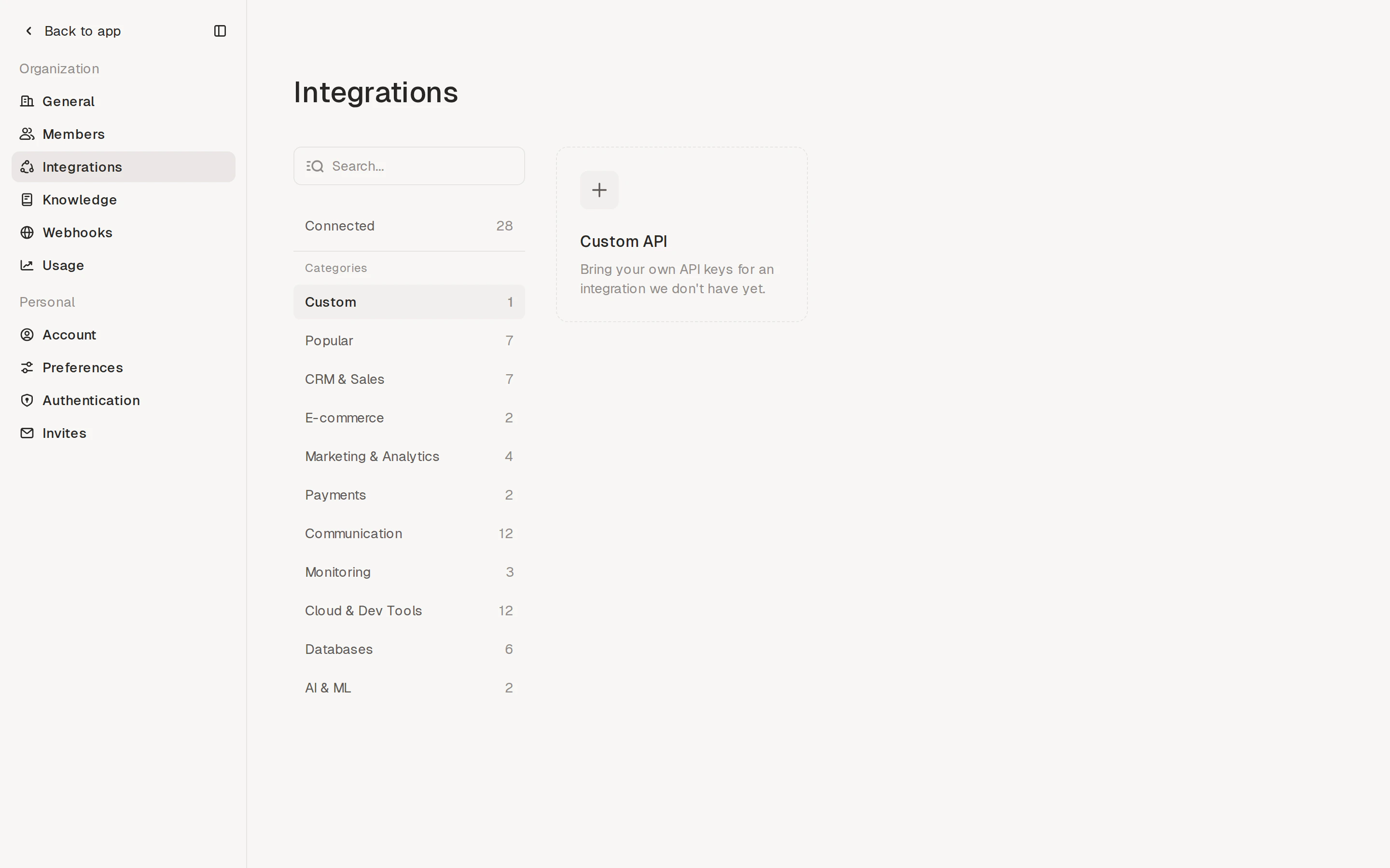 Custom category in the catalog with the Add custom integration tile