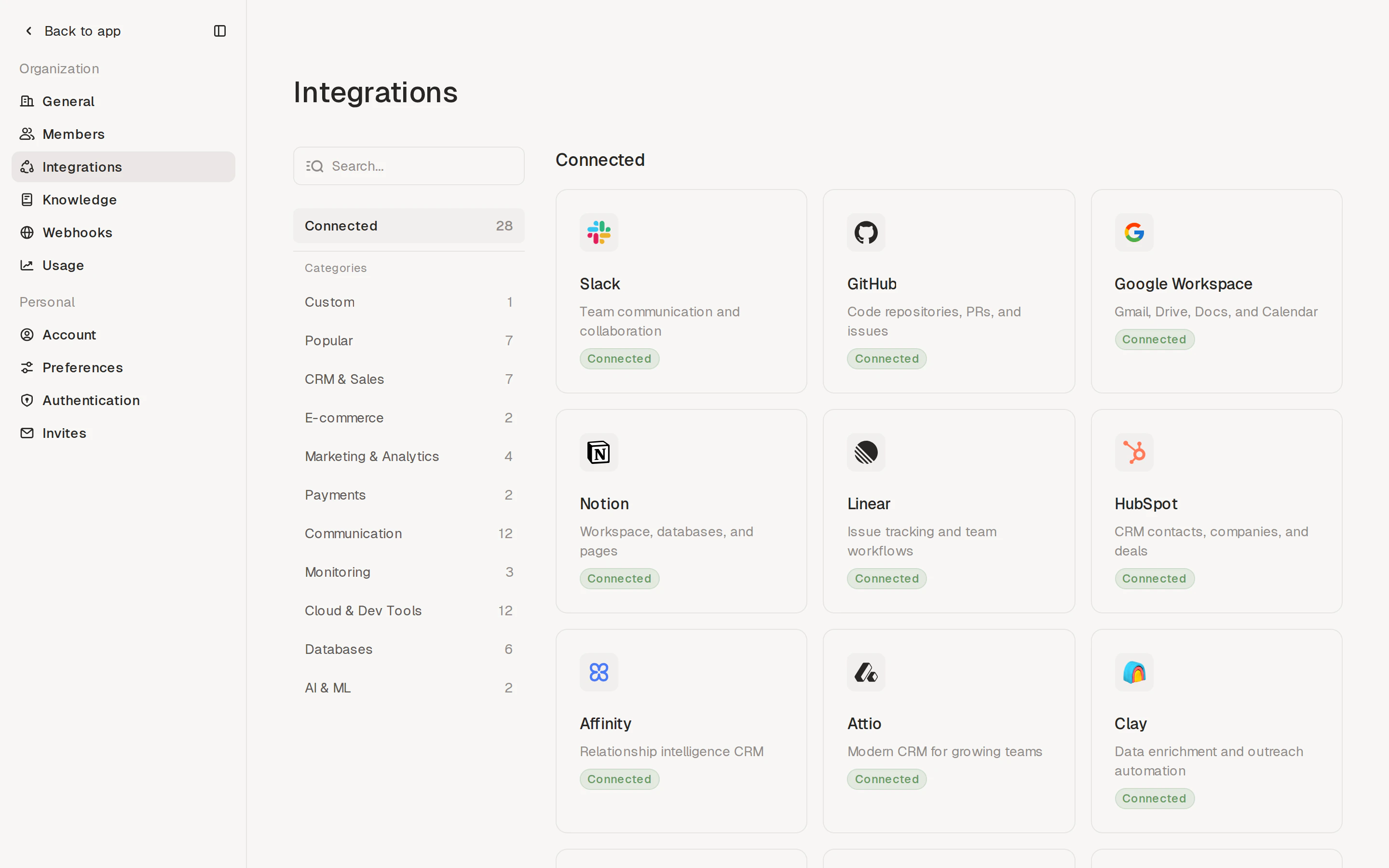 Settings → Integrations catalog with the Connected view selected, showing connected integrations as tiles