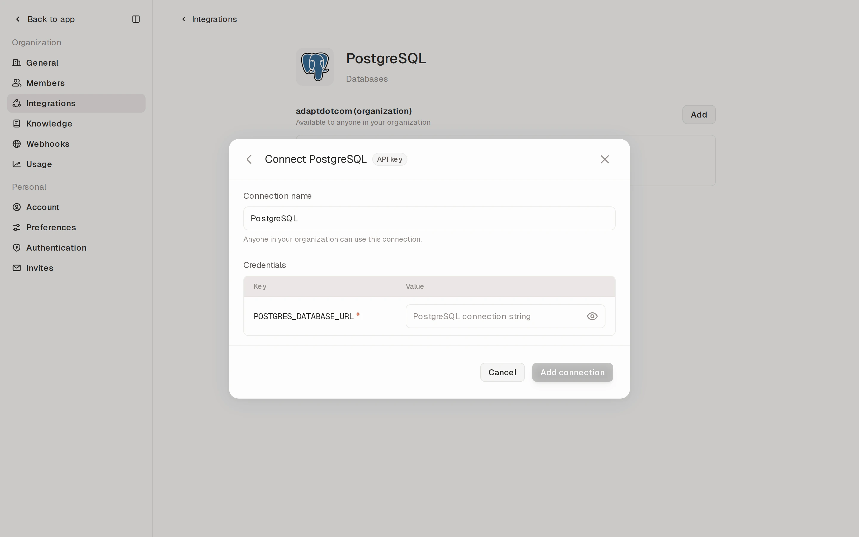 Connect modal for the Postgres API-key integration with a connection name field and a POSTGRES_DATABASE_URL credential field
