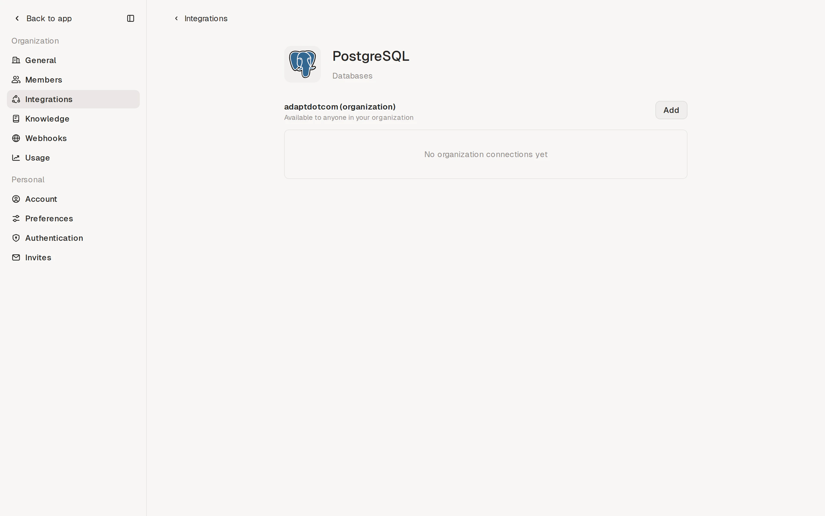 Integration detail page with no connections yet and an Add button