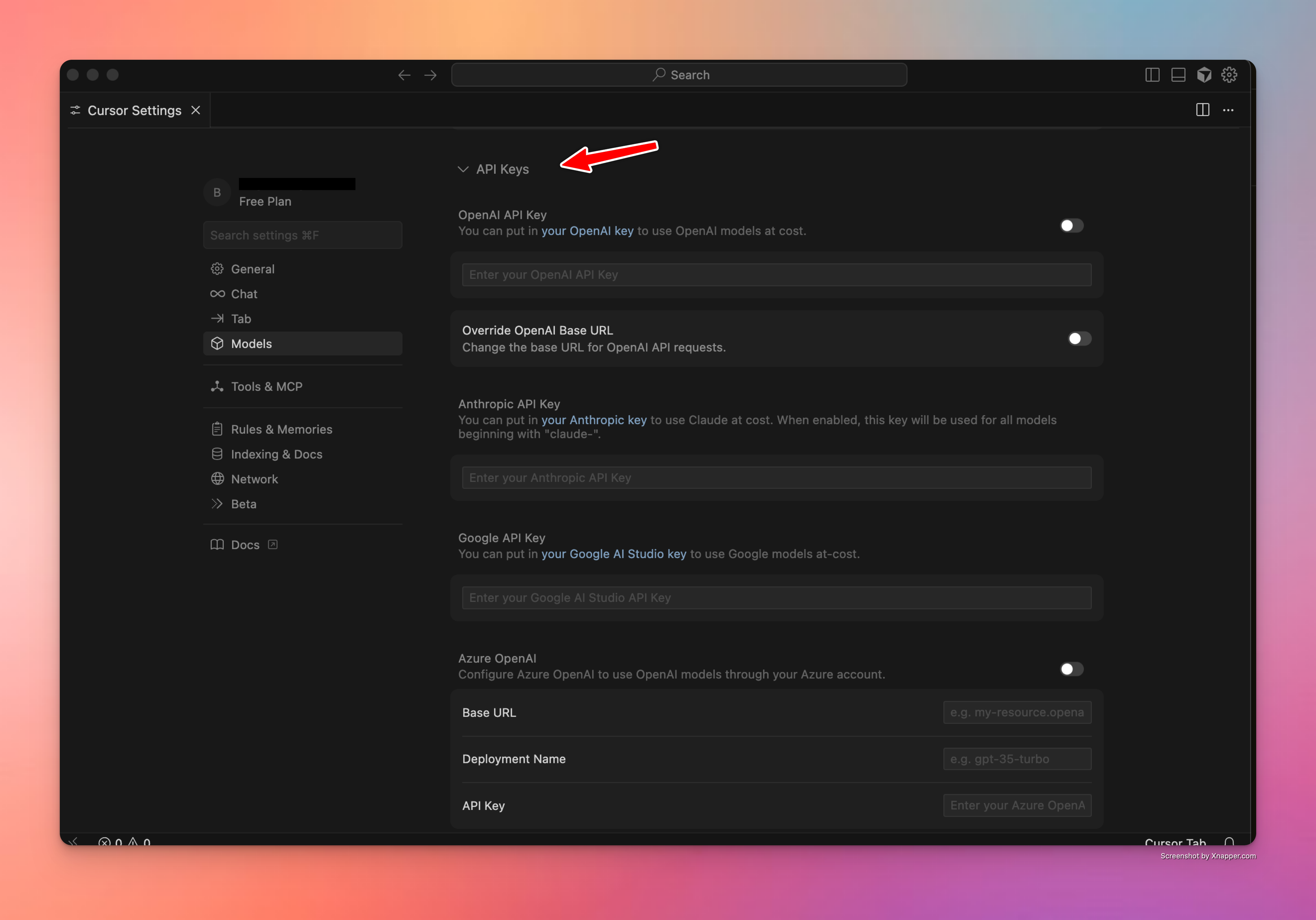 Open API Keys section