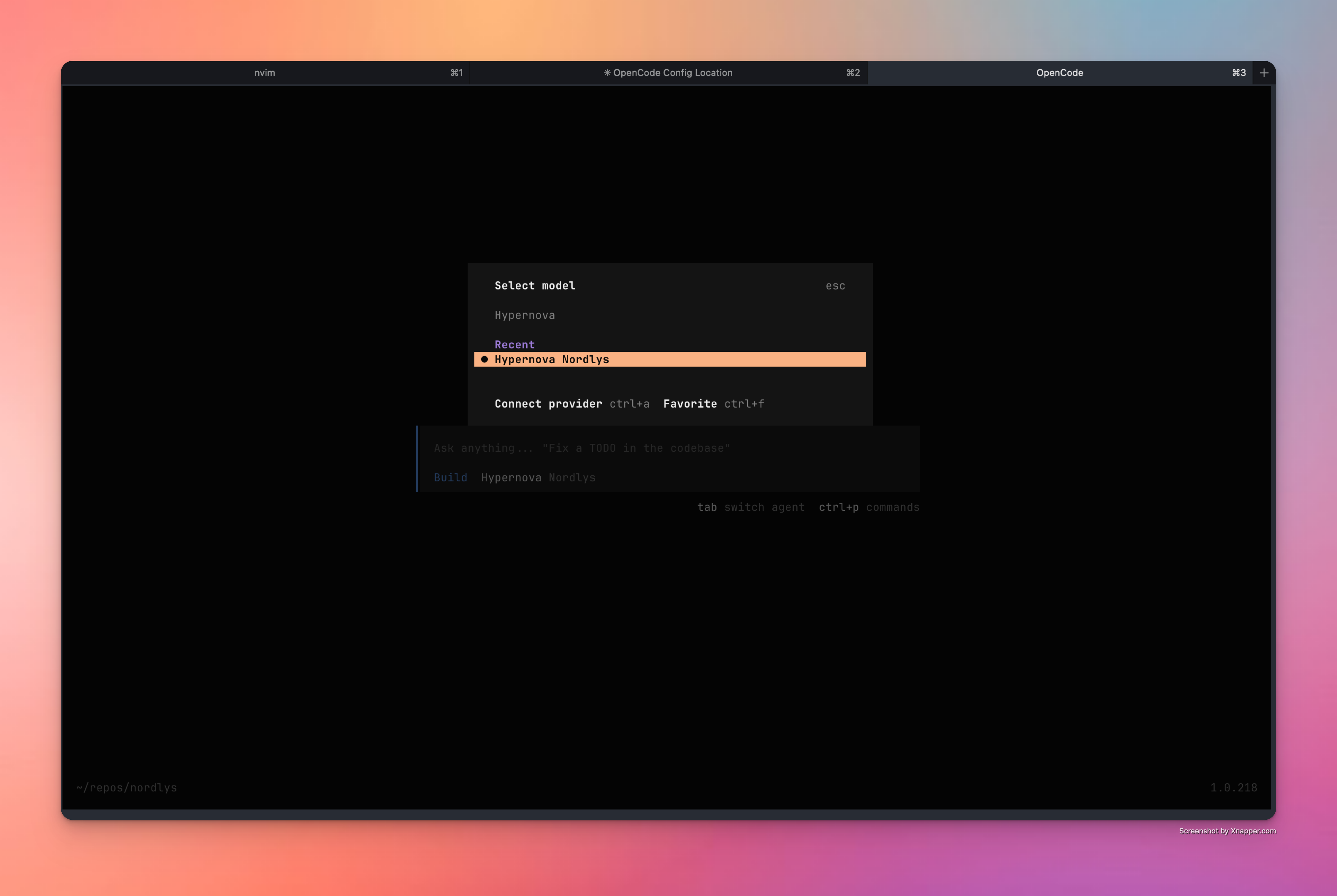 Select Hypernova Nordlys model in OpenCode