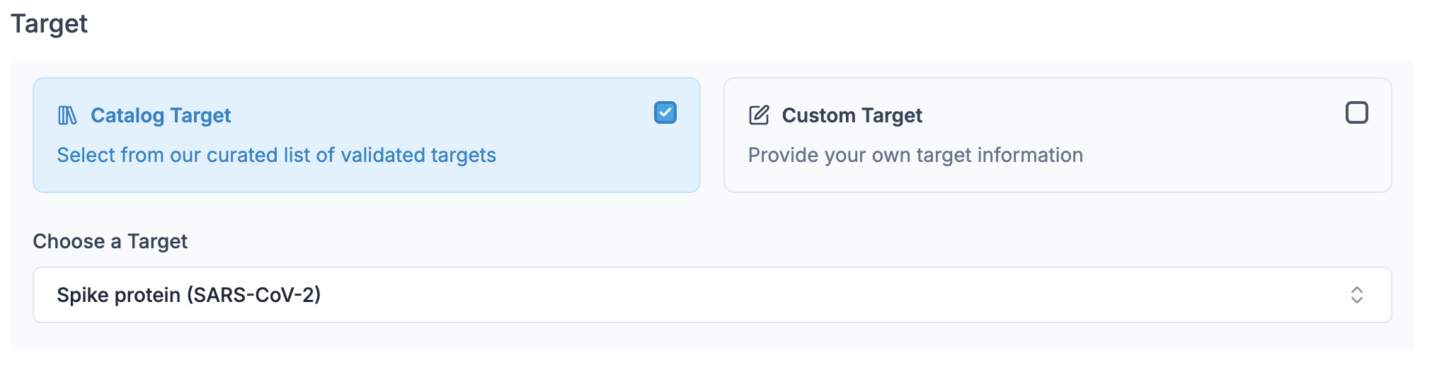 Target configuration step, choosing a catalog target or entering a custom one