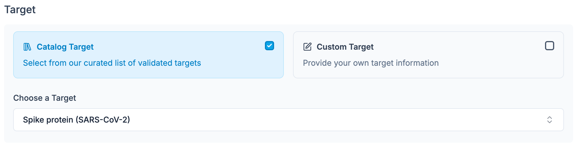 Target configuration step, choosing a catalog target or entering a custom one