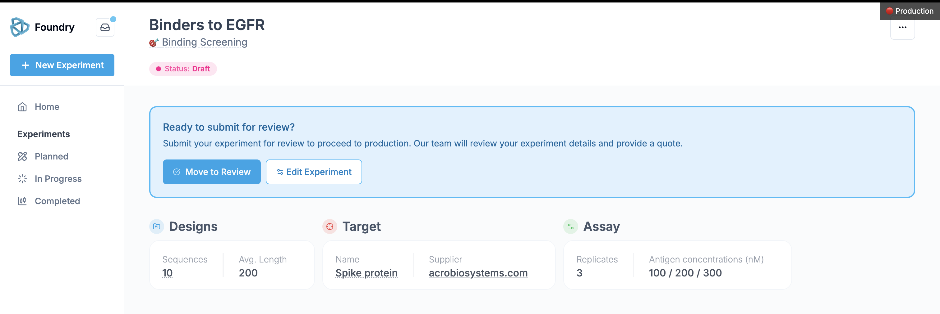 Draft experiment being moved to review in the Foundry Portal