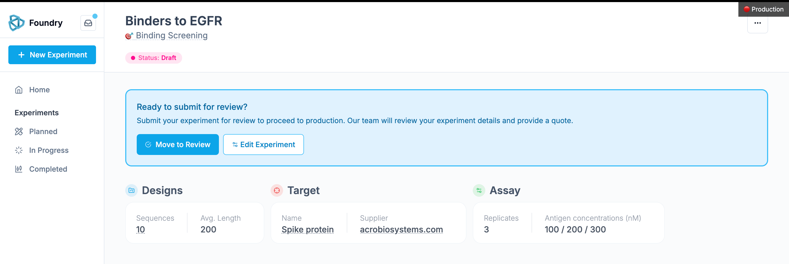 Draft experiment being moved to review in the Foundry Portal
