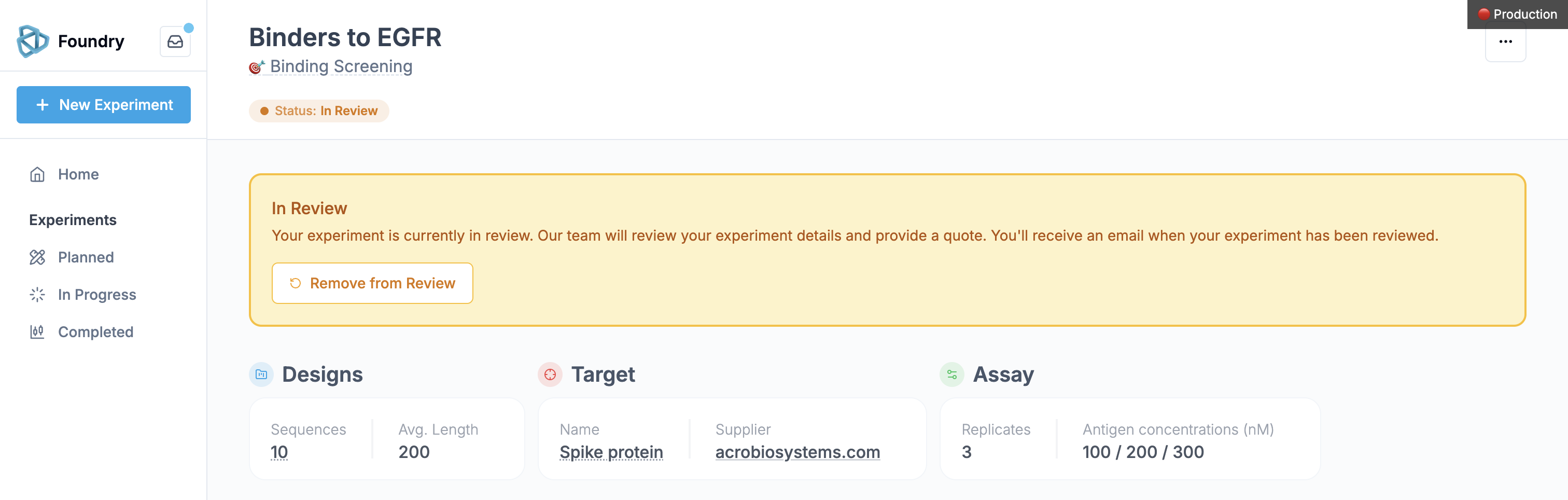 Experiment in review status while the team prepares the quote