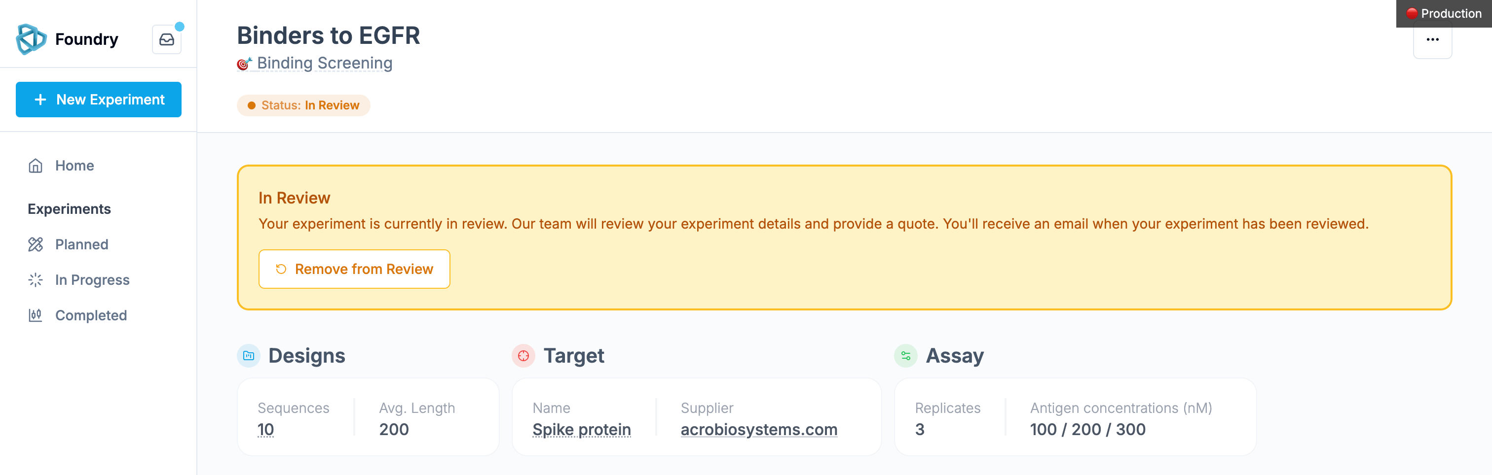 Experiment in review status while the team prepares the quote
