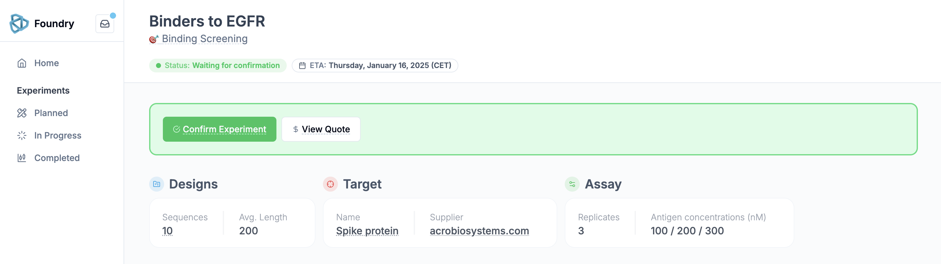 Quote, results ETA and confirmation step at the end of review