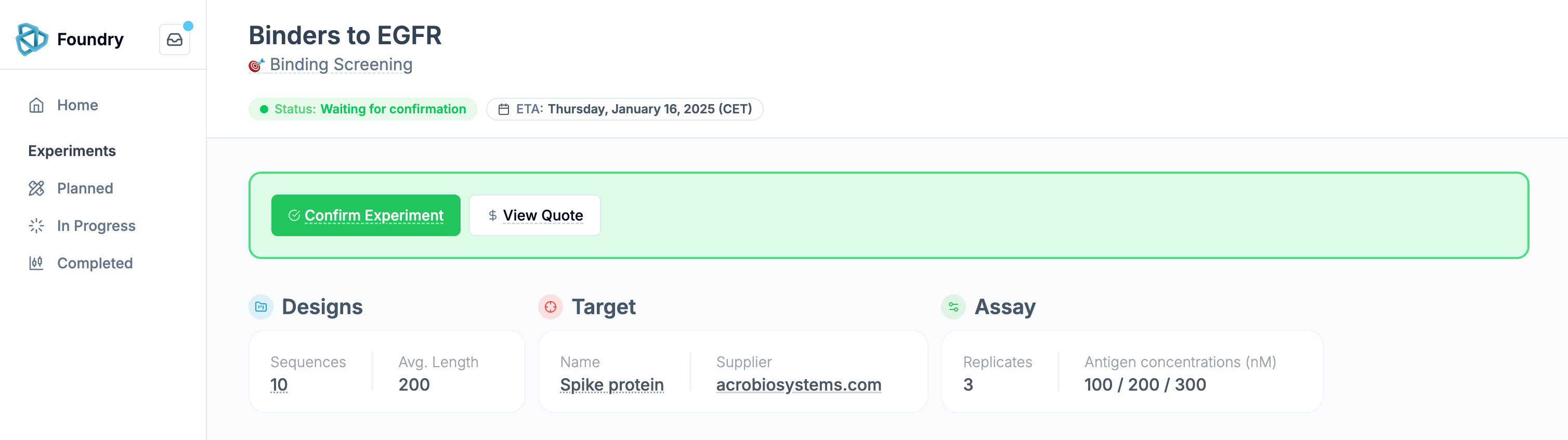 Quote, results ETA and confirmation step at the end of review