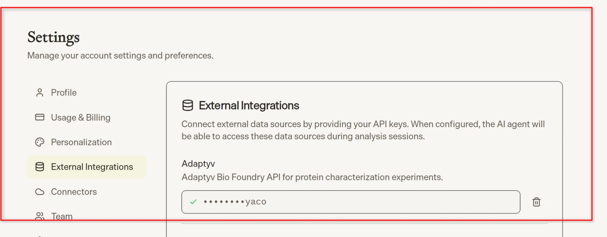 Screenshot of a third-party settings page where the user pastes a scoped Adaptyv API key, illustrating the BYOK pattern.