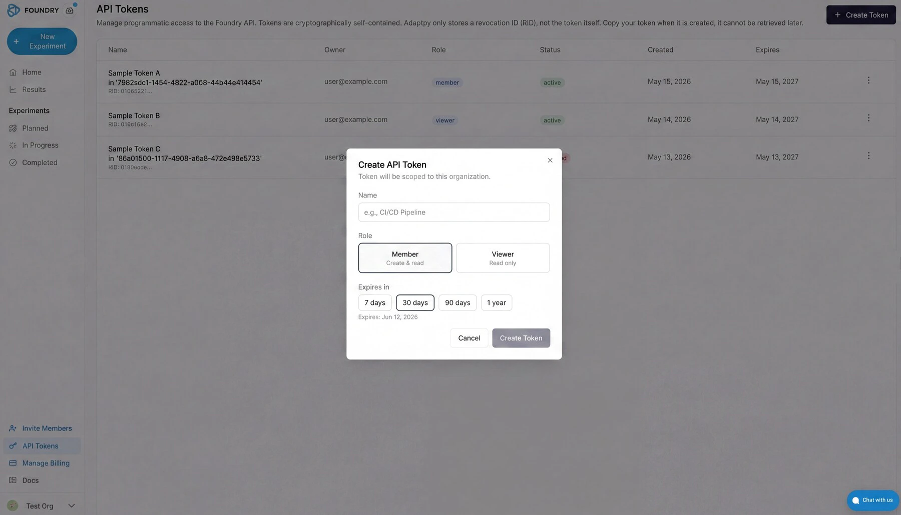 Foundry portal screenshot: the Create API Token modal, with fields for name, role (Member or Viewer), and expiry (7 days, 30 days, 90 days, 1 year).