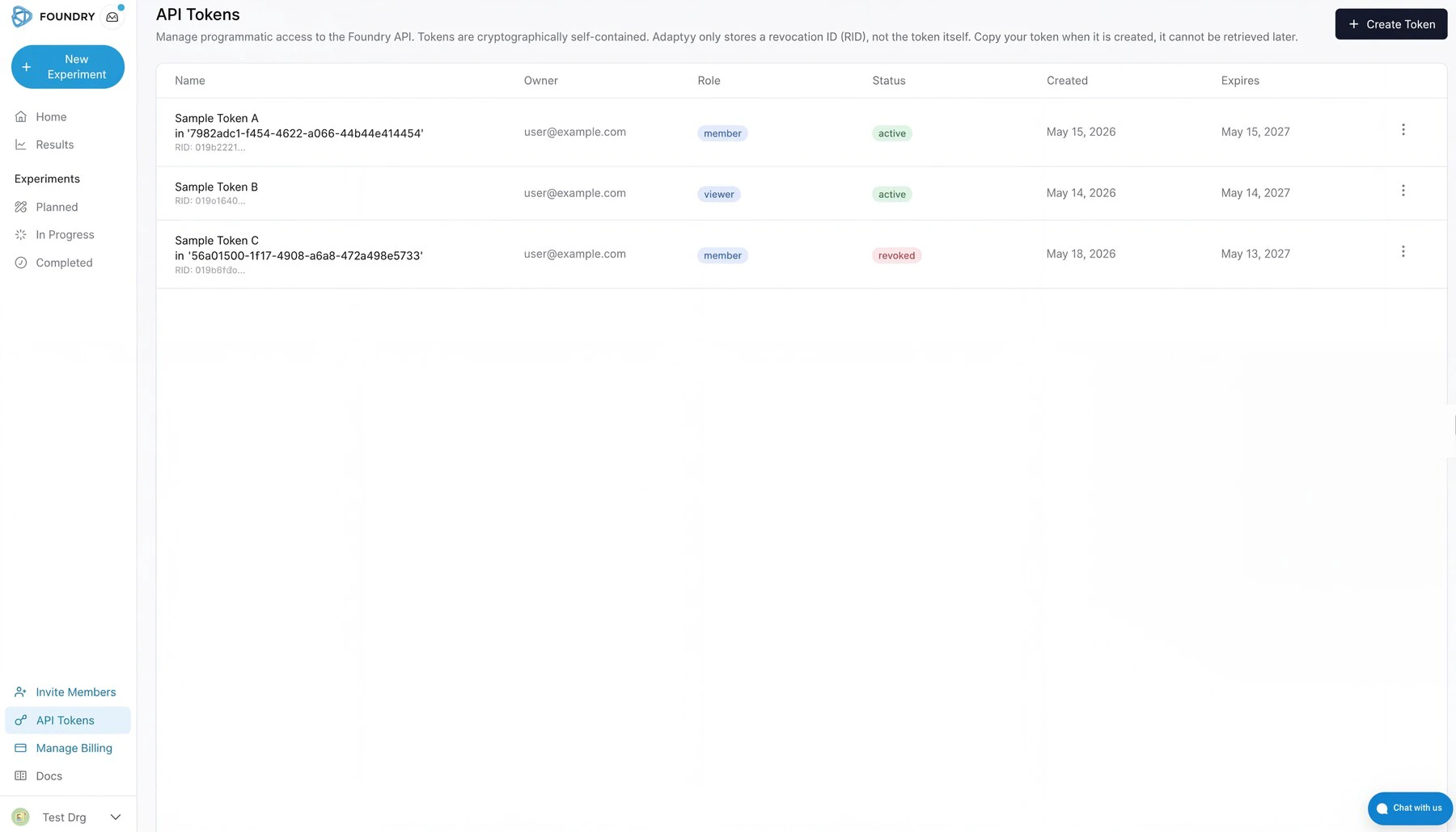 Foundry portal screenshot: the API Tokens settings page, showing the list of existing tokens (name, owner, role, status, created and expires dates) and the Create Token button.