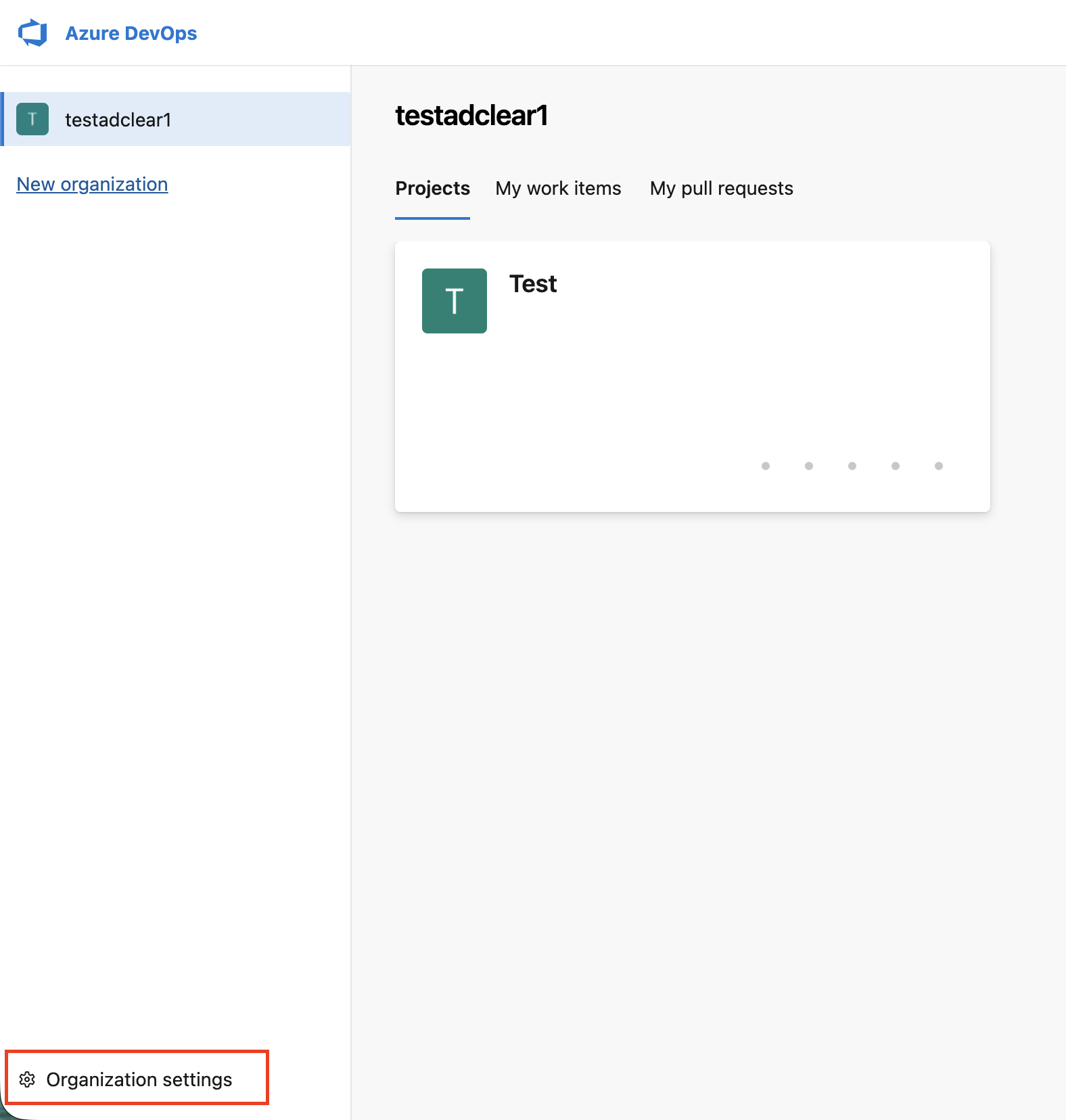 Azure DevOps organization page with settings link highlighted