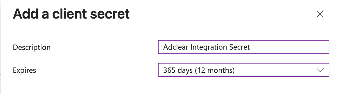 New client secret form with description and expiry fields