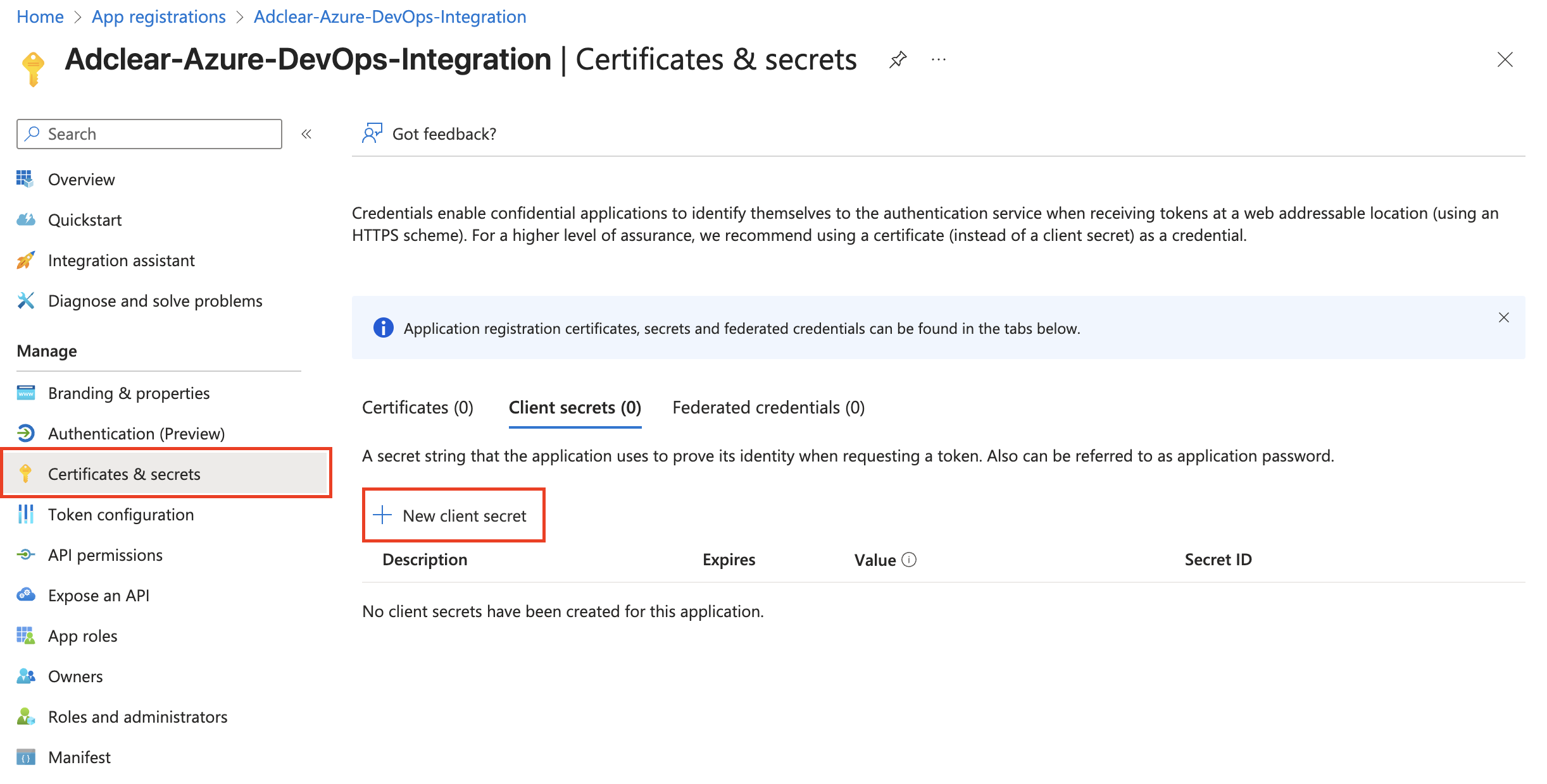 Certificates and secrets page with New client secret button