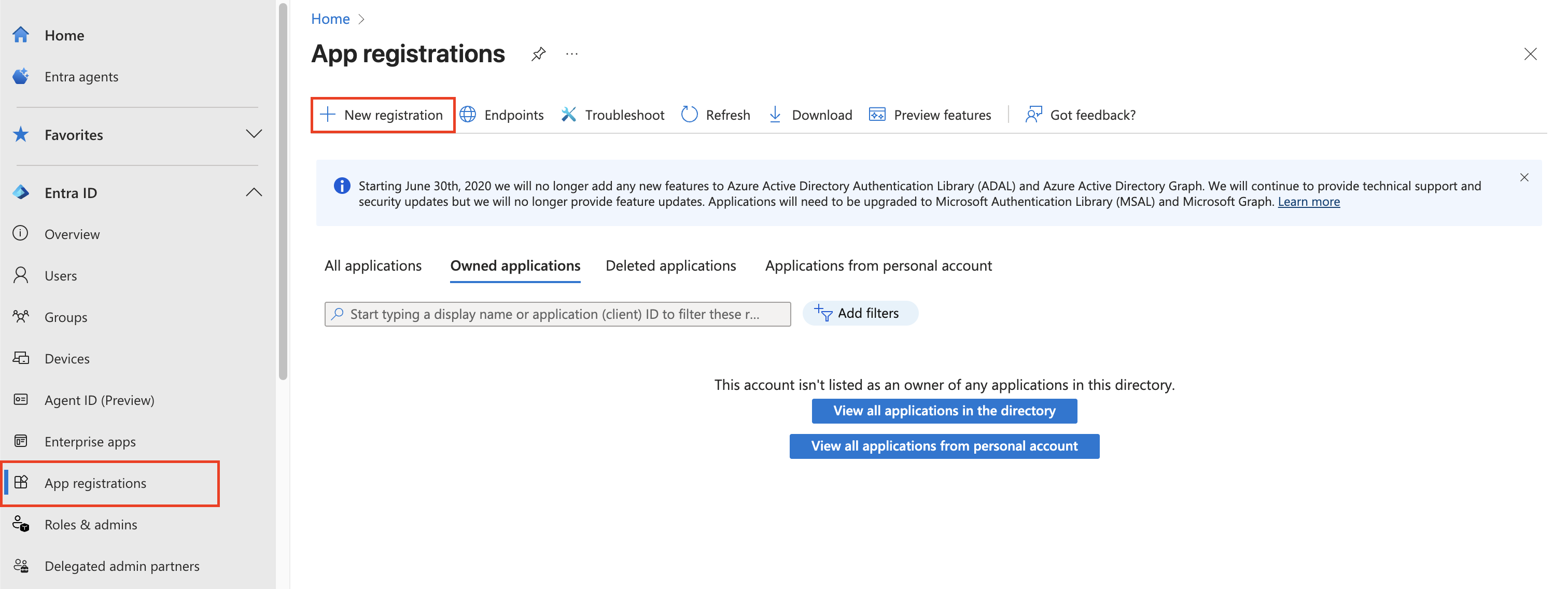 Entra admin center showing the New registration button