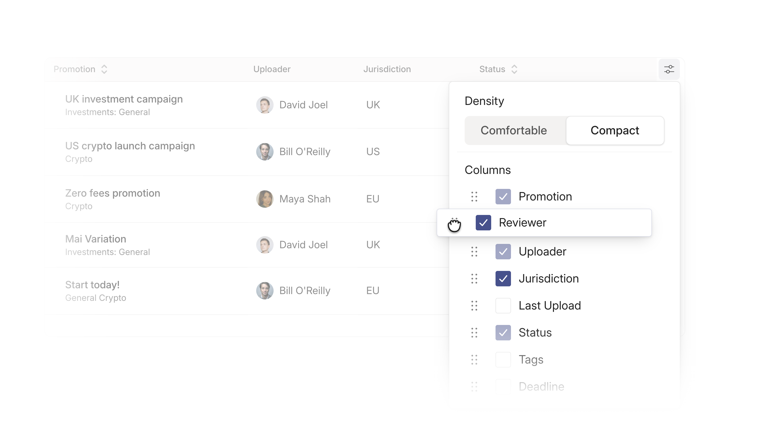 Table settings showing row density options and the Reviewer column being dragged into a new position.