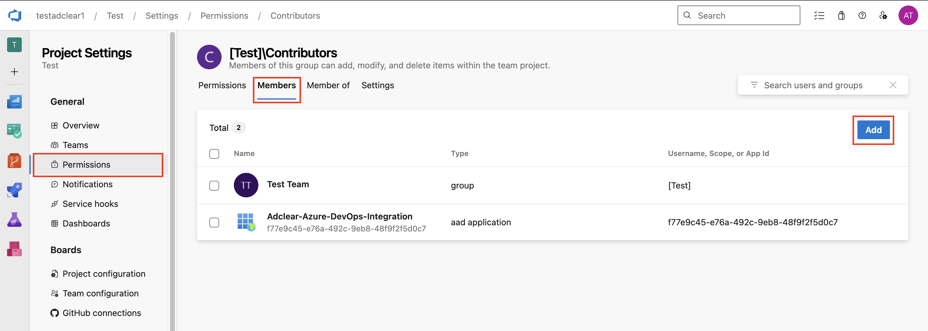 Contributors group members page with Add button
