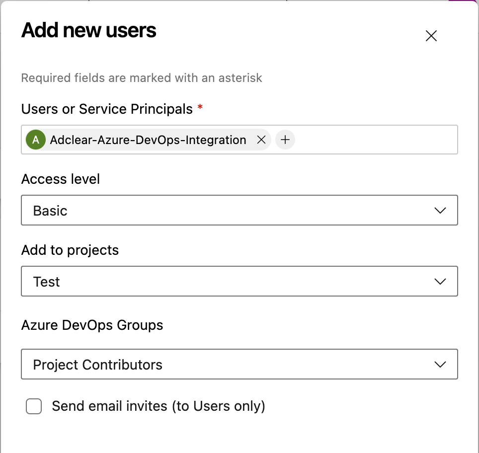 Add users dialog with access level and project settings