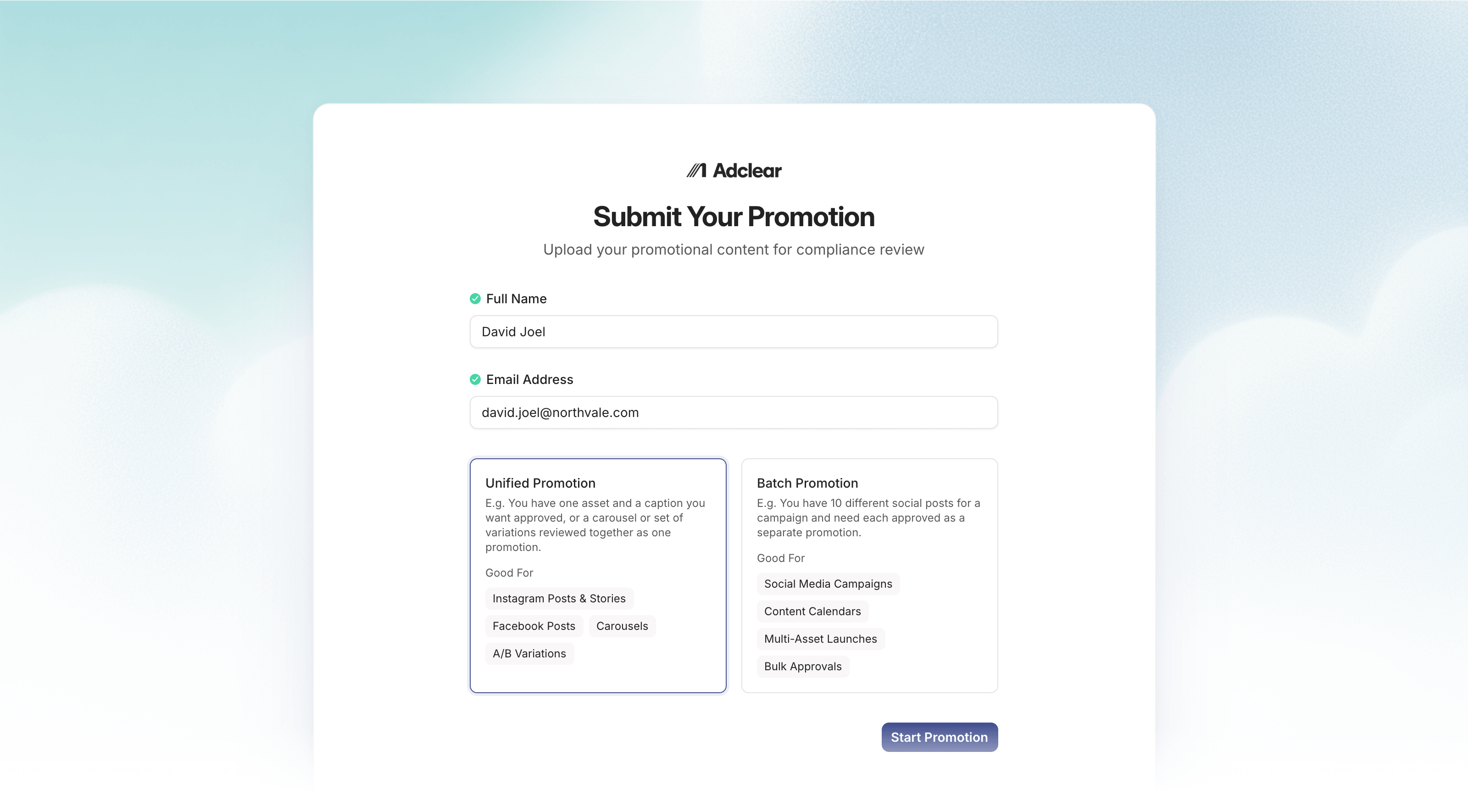 The external submission form asking a partner for their name, email, and promotion type.