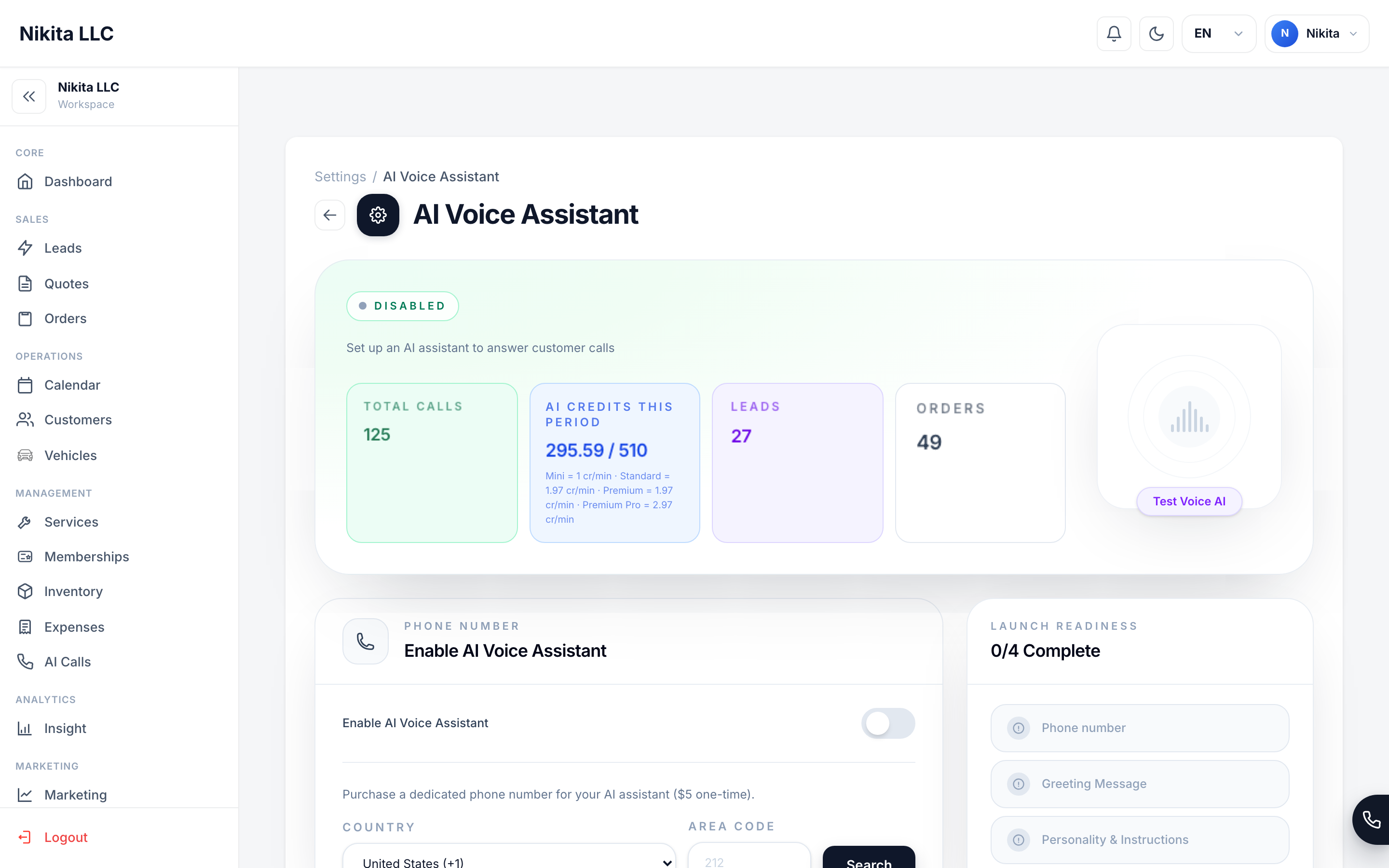 AI assistant settings screen with business hours, behavior, and call handling settings.