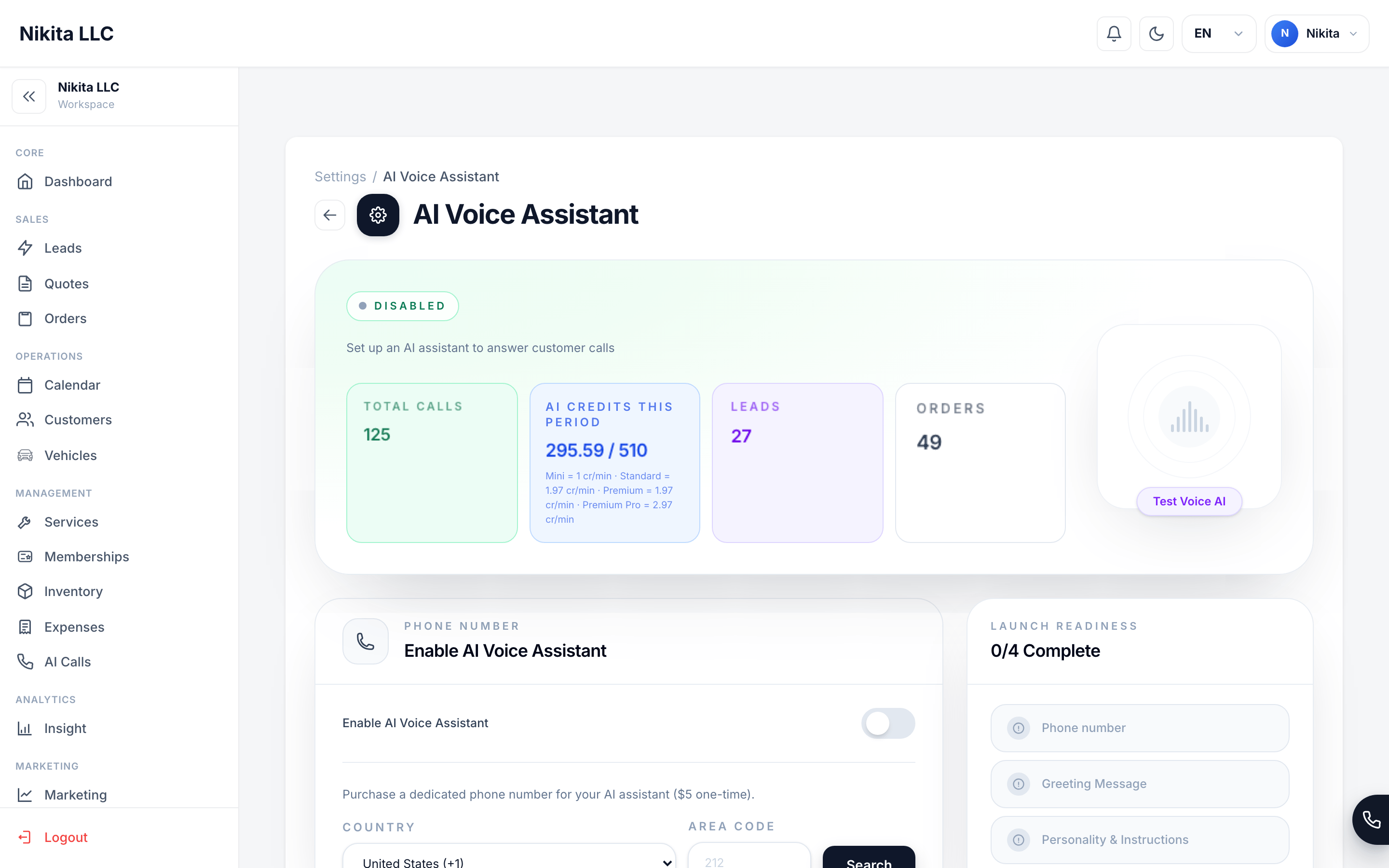 AI assistant settings screen with business hours, behavior, and call handling settings.