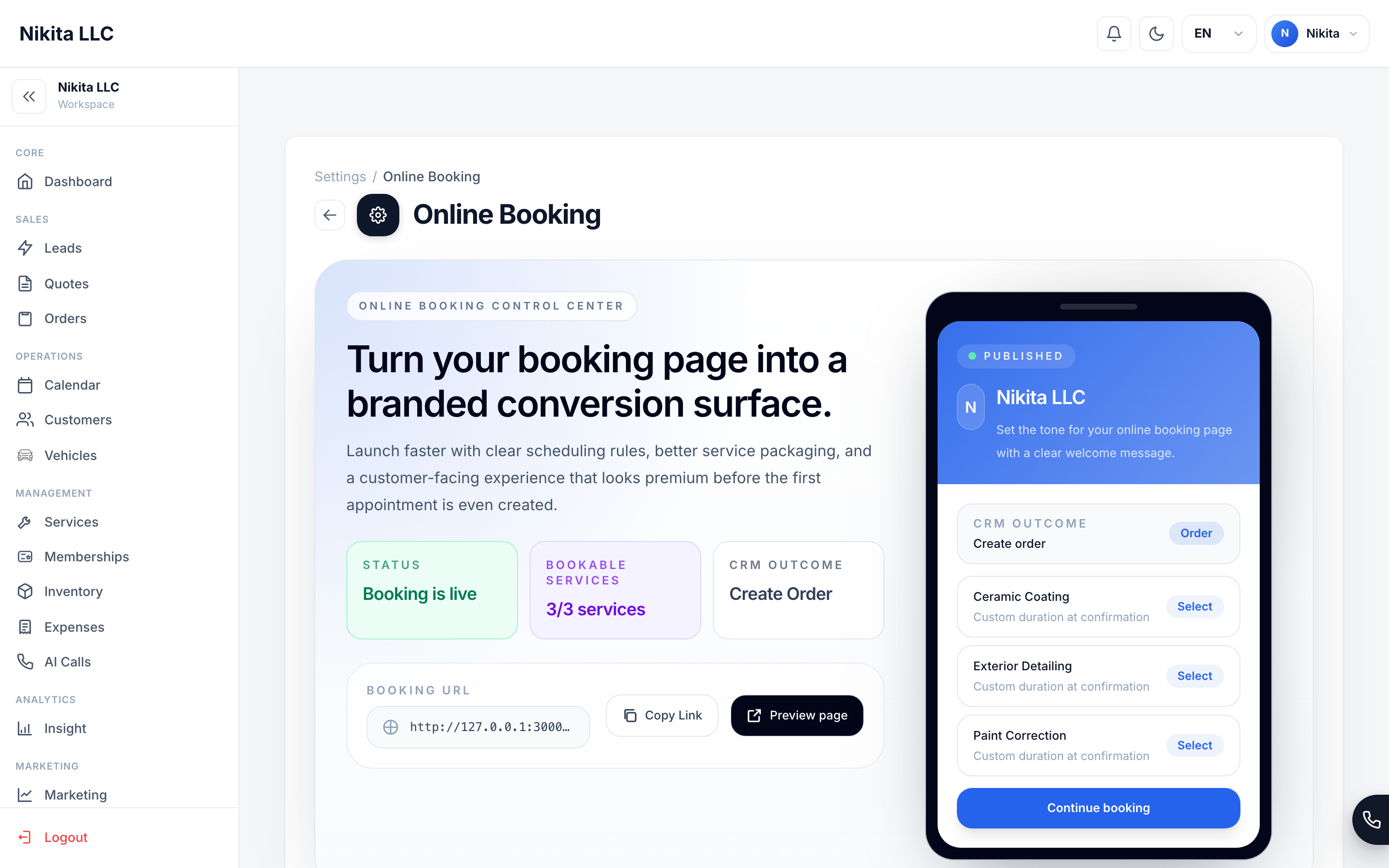The public Booking Page showing service selection, scheduling, and customer contact fields.