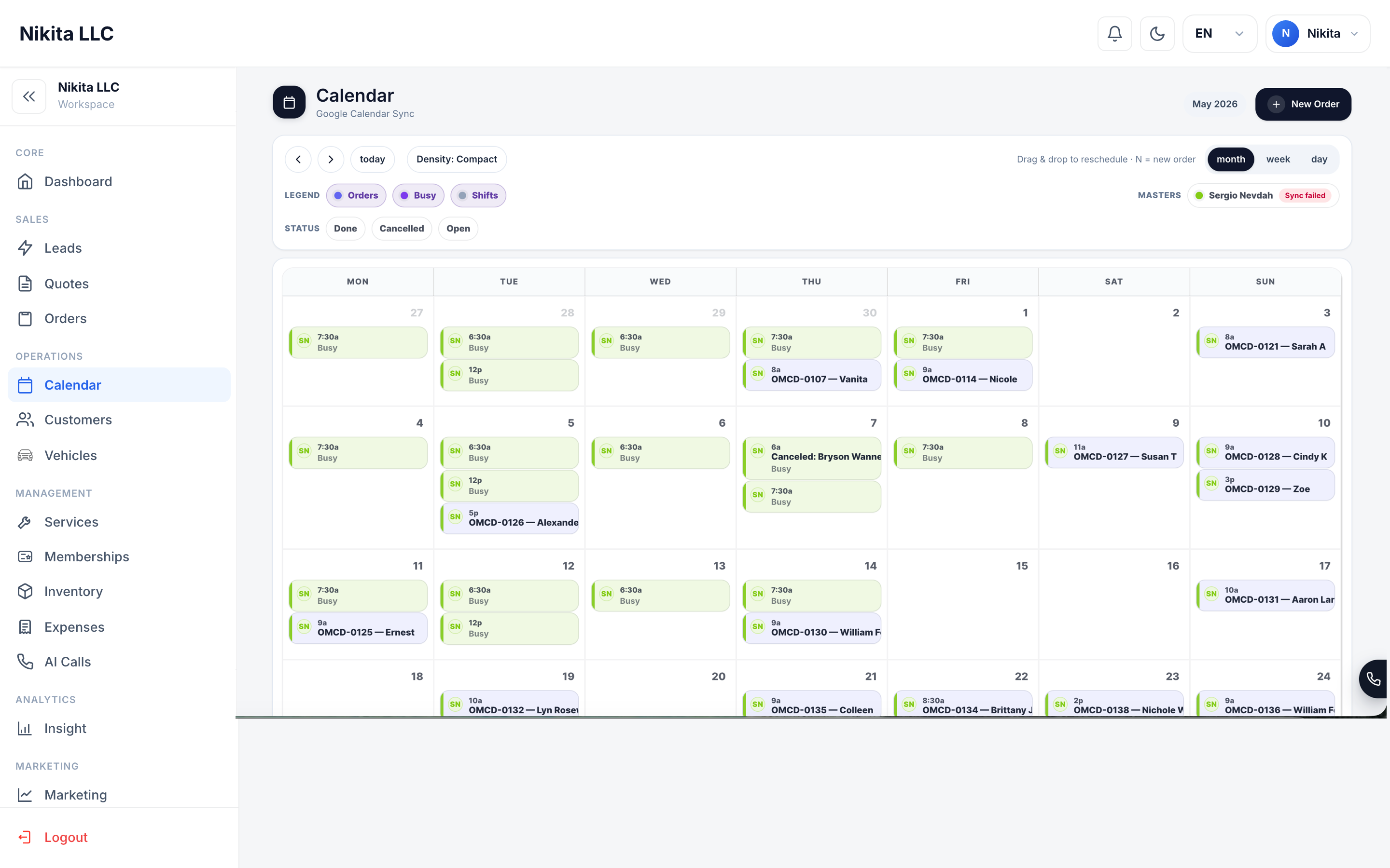 Calendar screen showing scheduled detailing jobs and team availability.