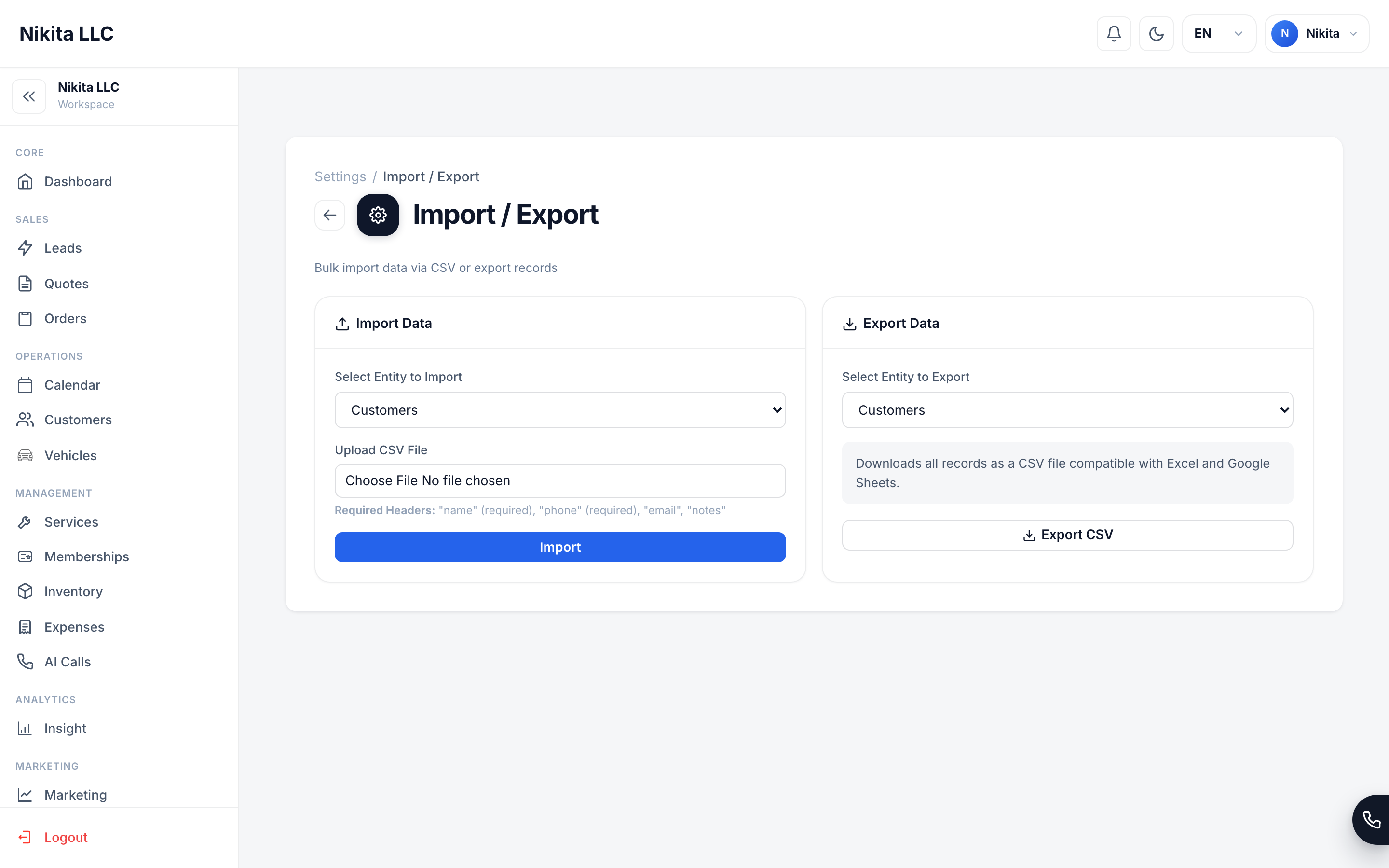 The Import / Export screen showing CSV import and export options for customer and workspace data.