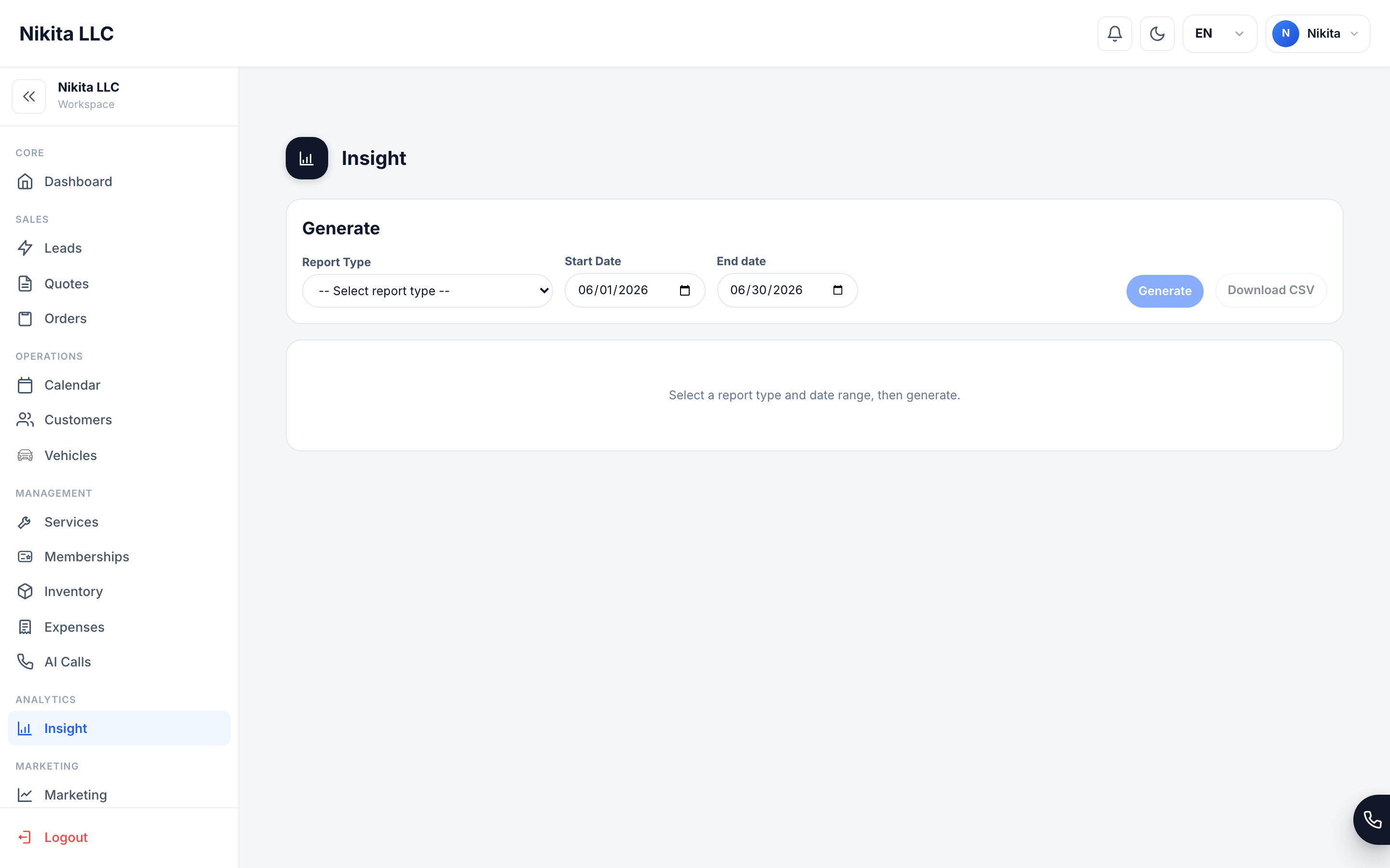 Insights dashboard with reporting cards and business performance charts.