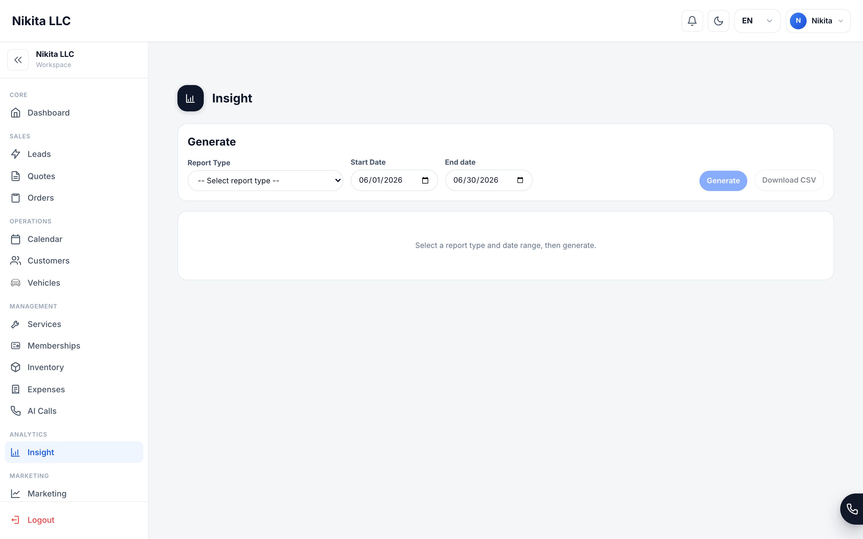 Insights dashboard with reporting cards and business performance charts.