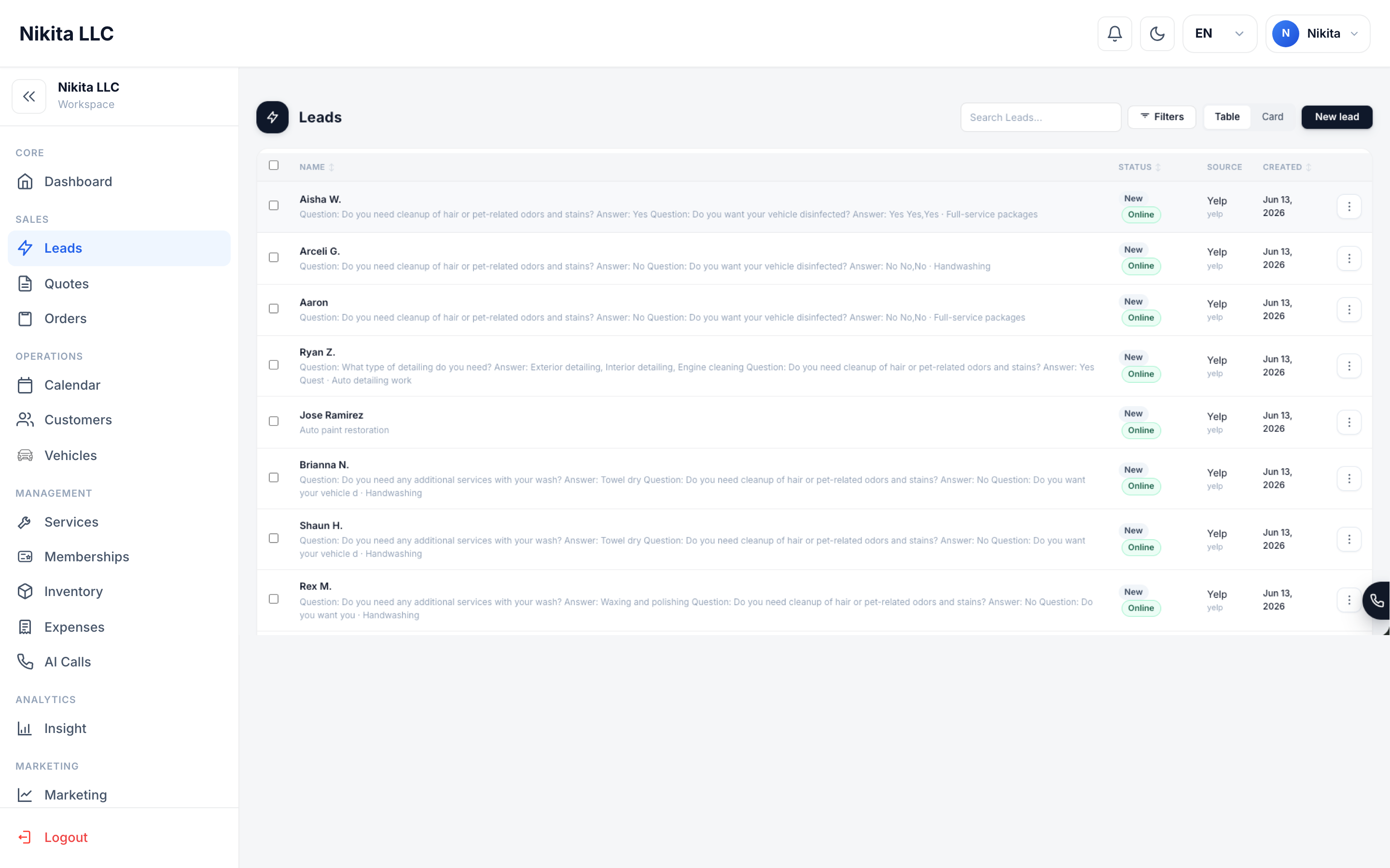 The Leads screen showing inbound requests with status, source, customer details, and follow-up actions.