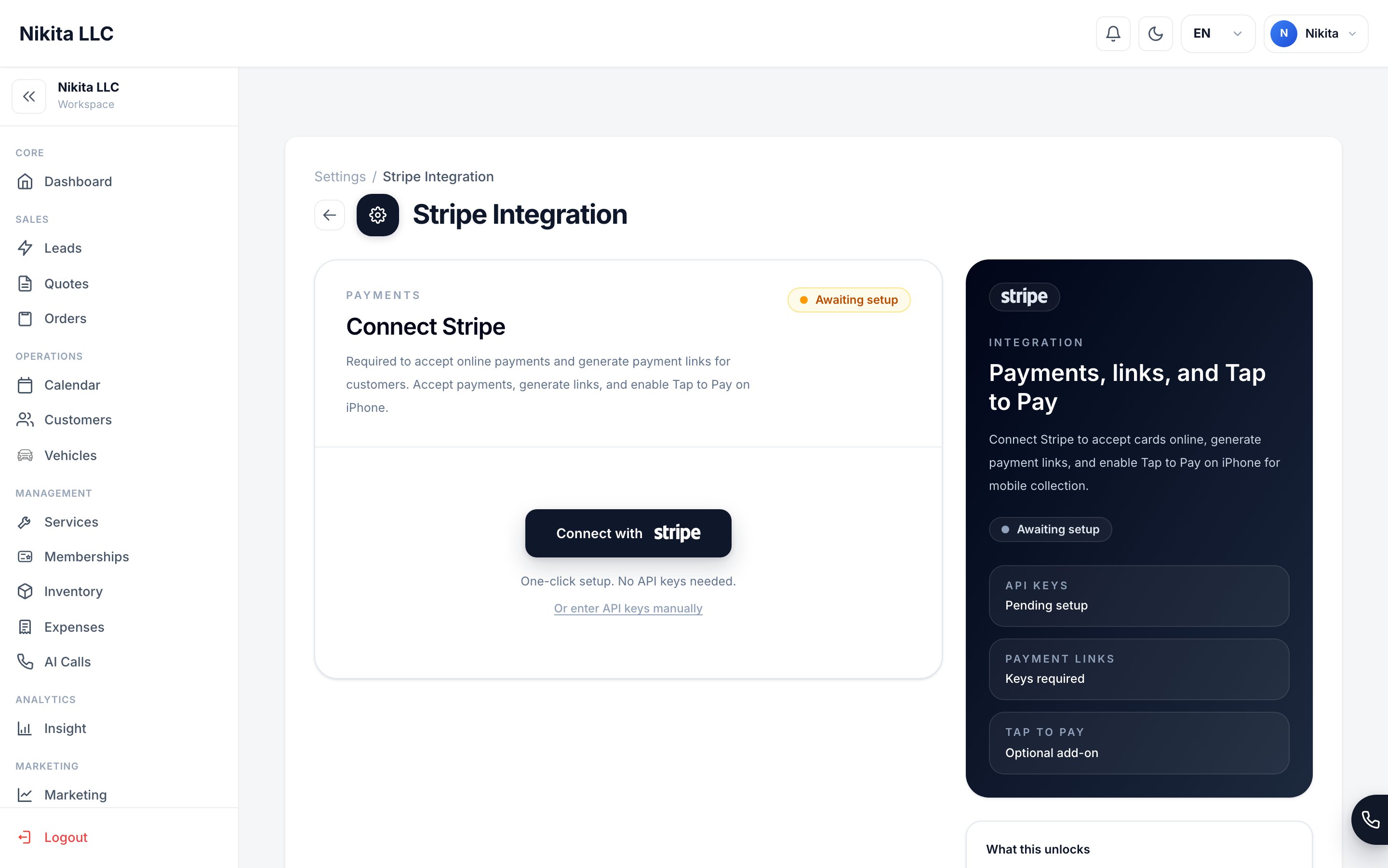 The Payments settings screen showing Stripe connection, payment links, and Tap to Pay setup.
