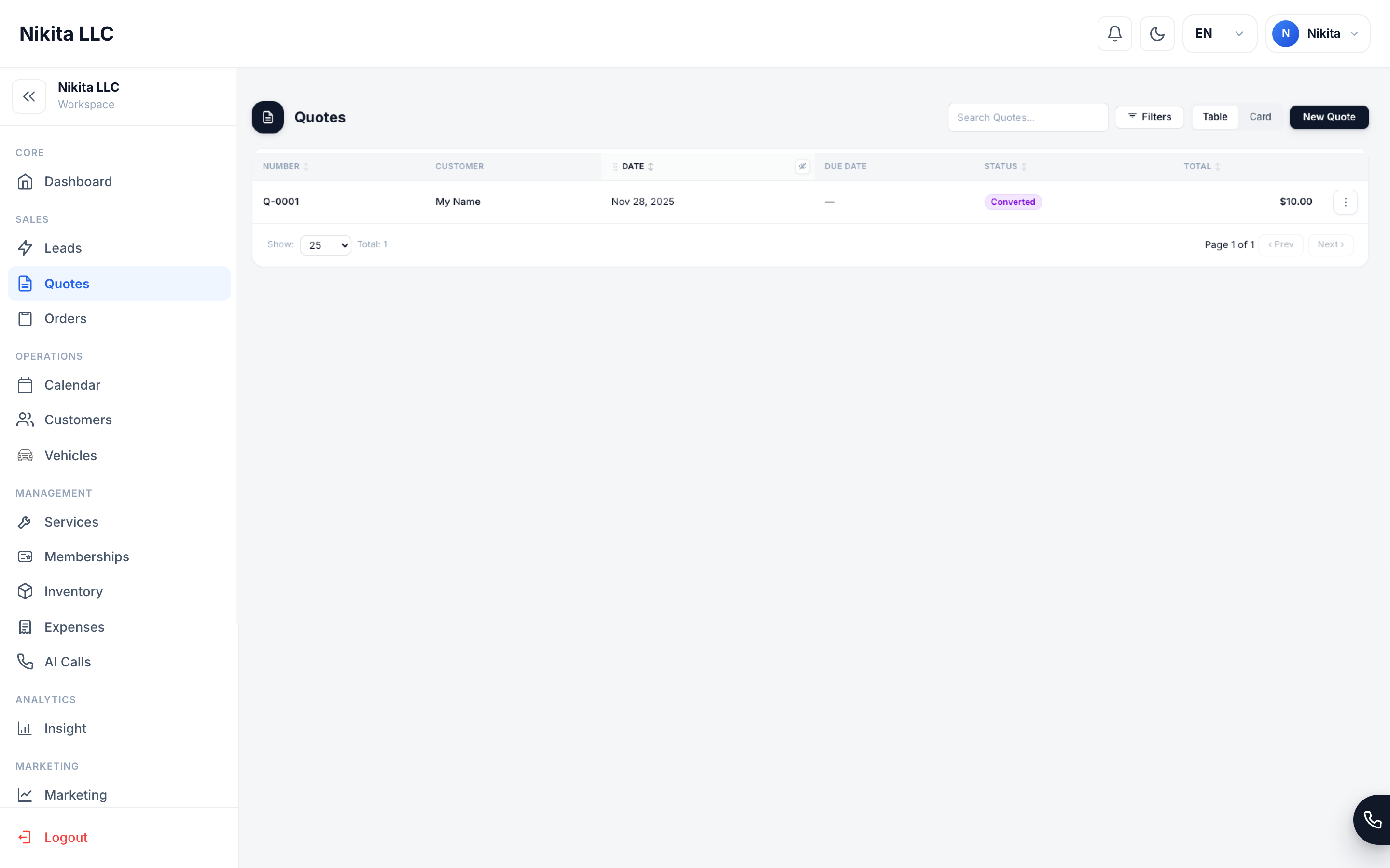 Quotes screen with estimate records, customer details, statuses, and totals.