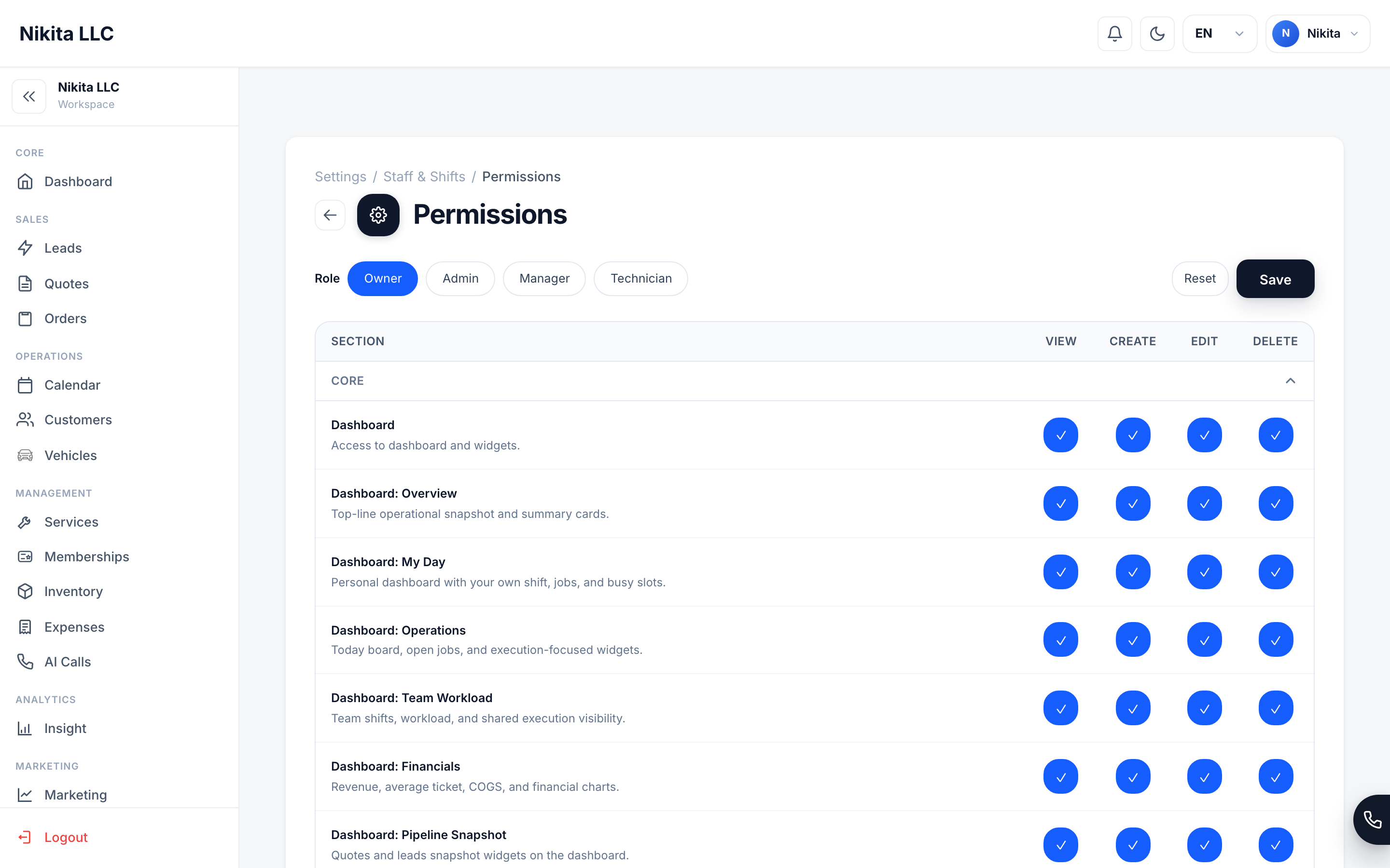 The Permissions screen showing the Owner, Admin, Manager, and Technician roles with a per-area view/create/edit/delete matrix.