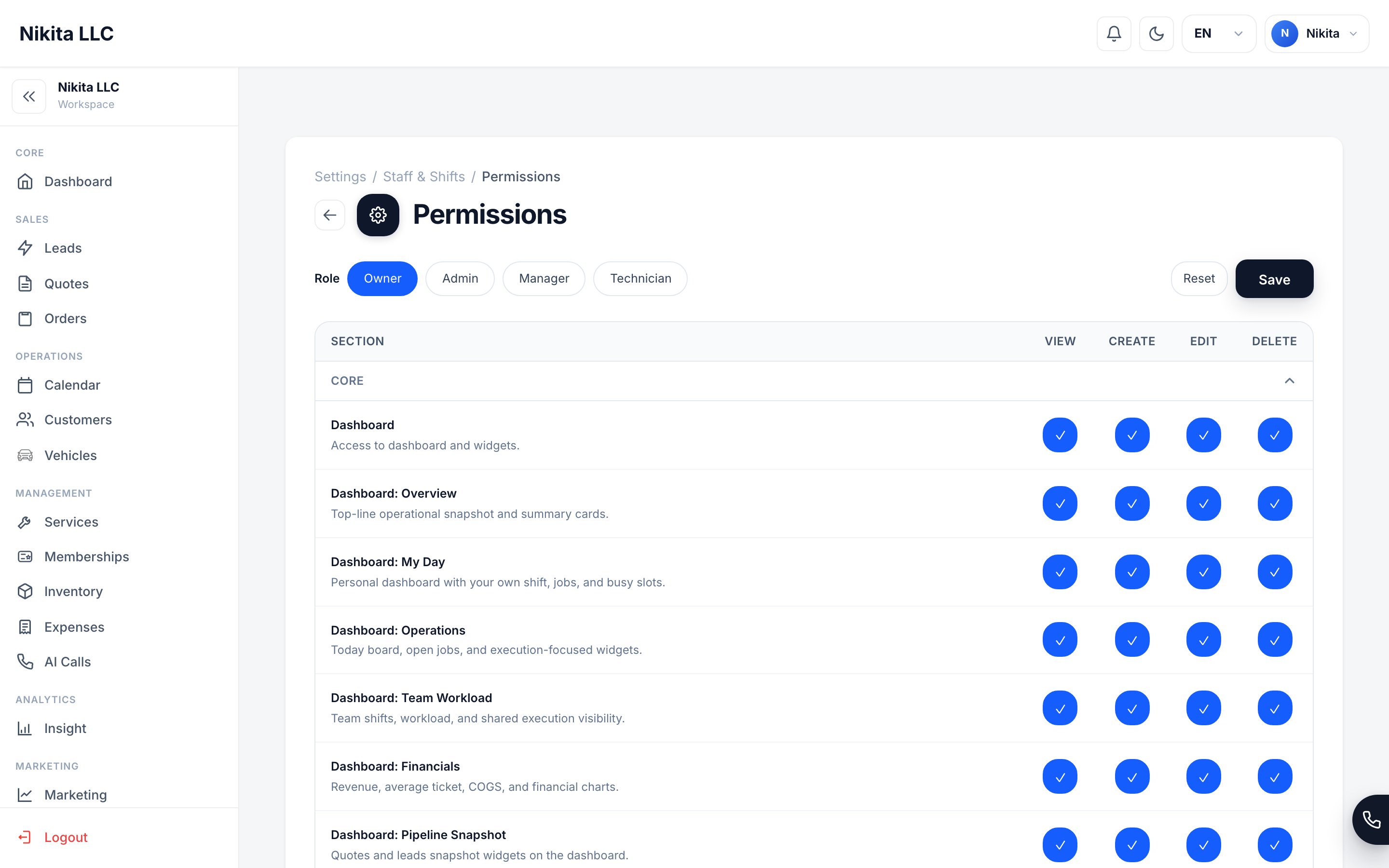 The Permissions screen showing the Owner, Admin, Manager, and Technician roles with a per-area view/create/edit/delete matrix.