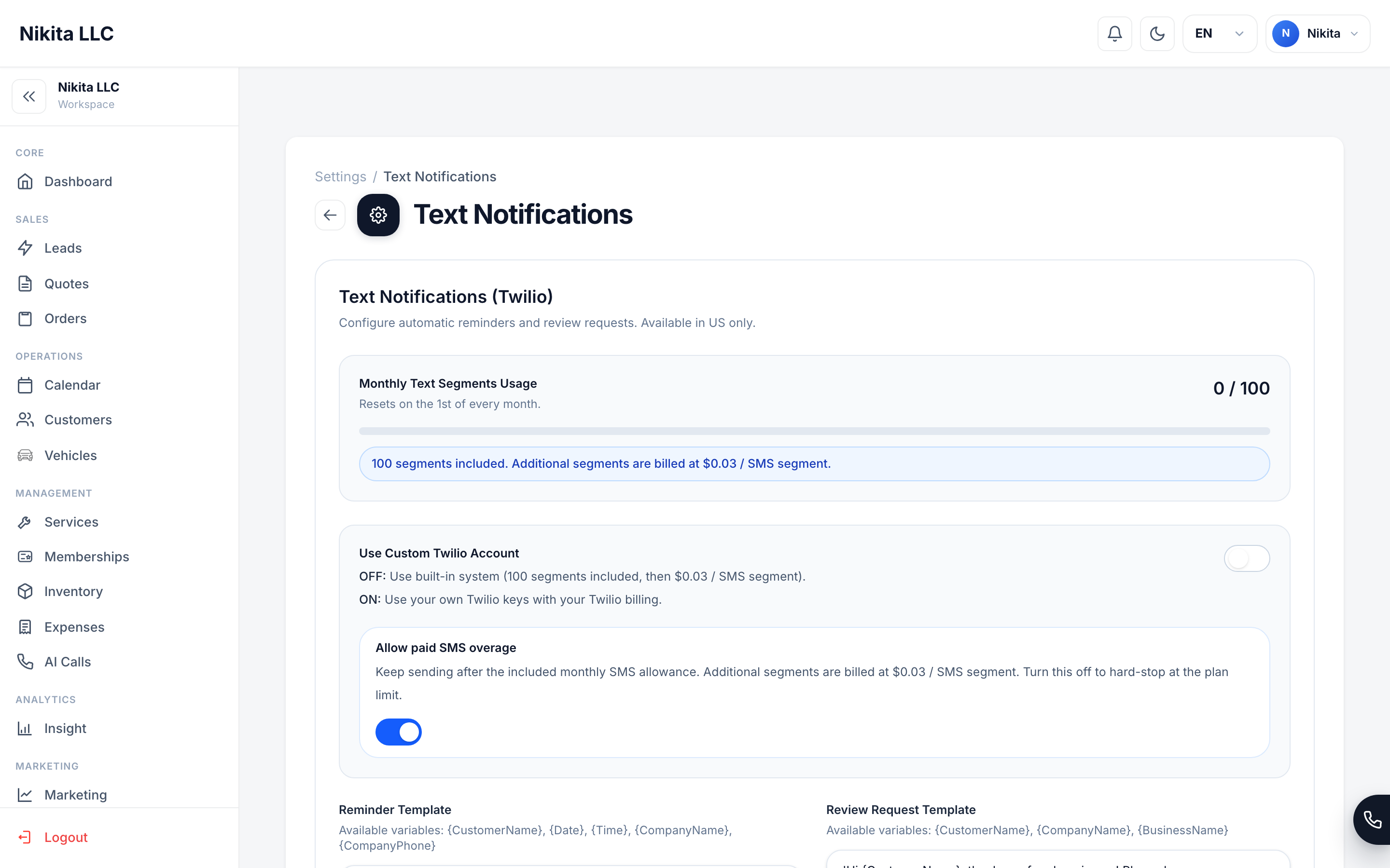 The Text Notifications settings screen showing monthly usage, custom Twilio option, and message templates.