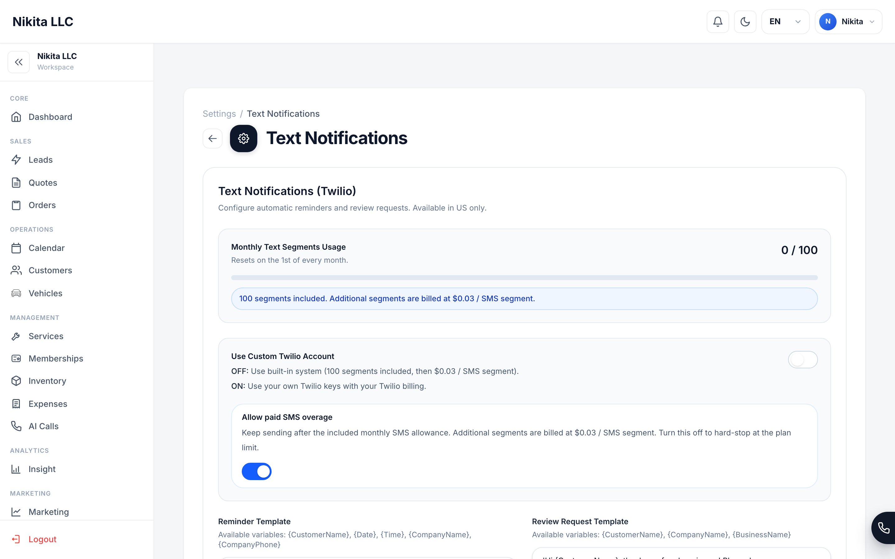 The Text Notifications settings screen showing monthly usage, custom Twilio option, and message templates.