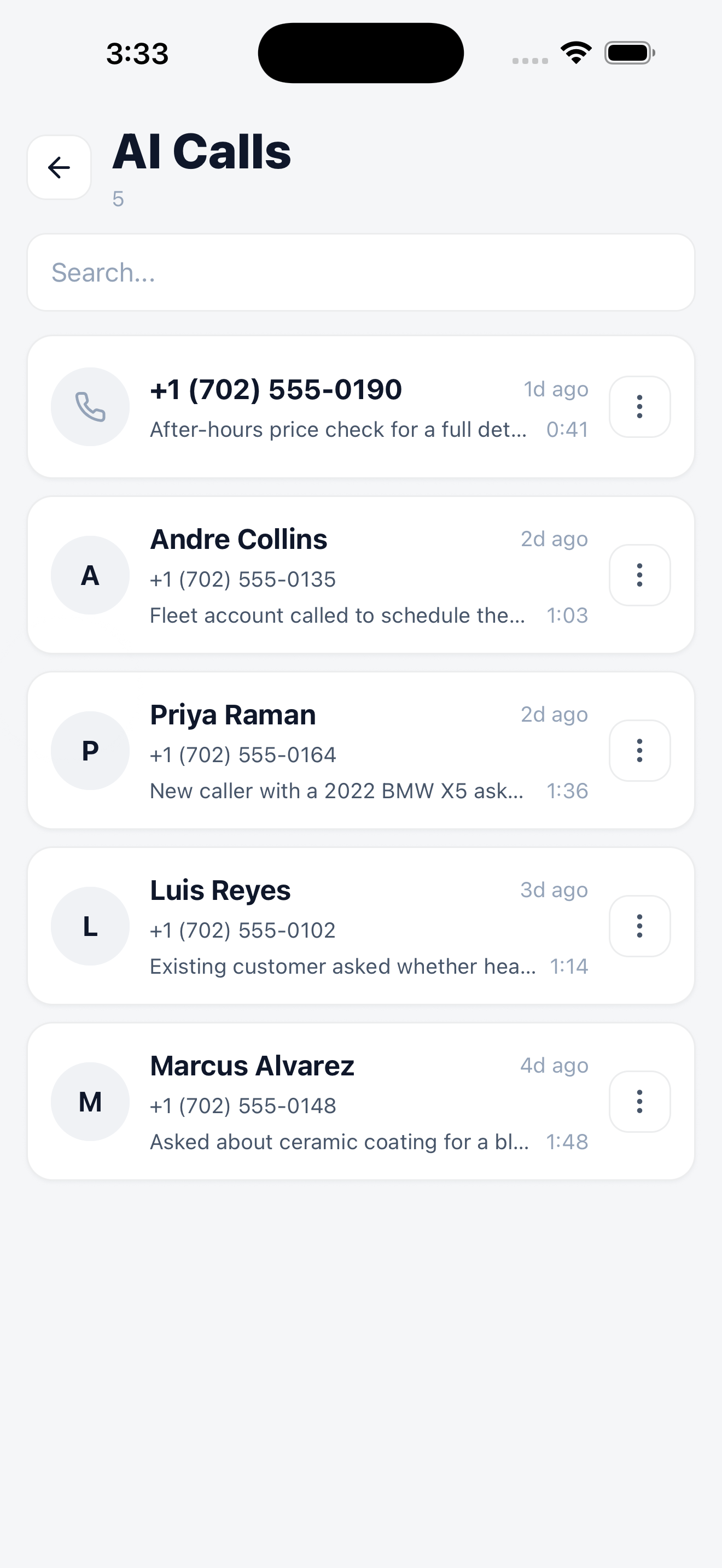 Mobile AI Calls list showing caller numbers, names where known, call summaries, and durations by date.