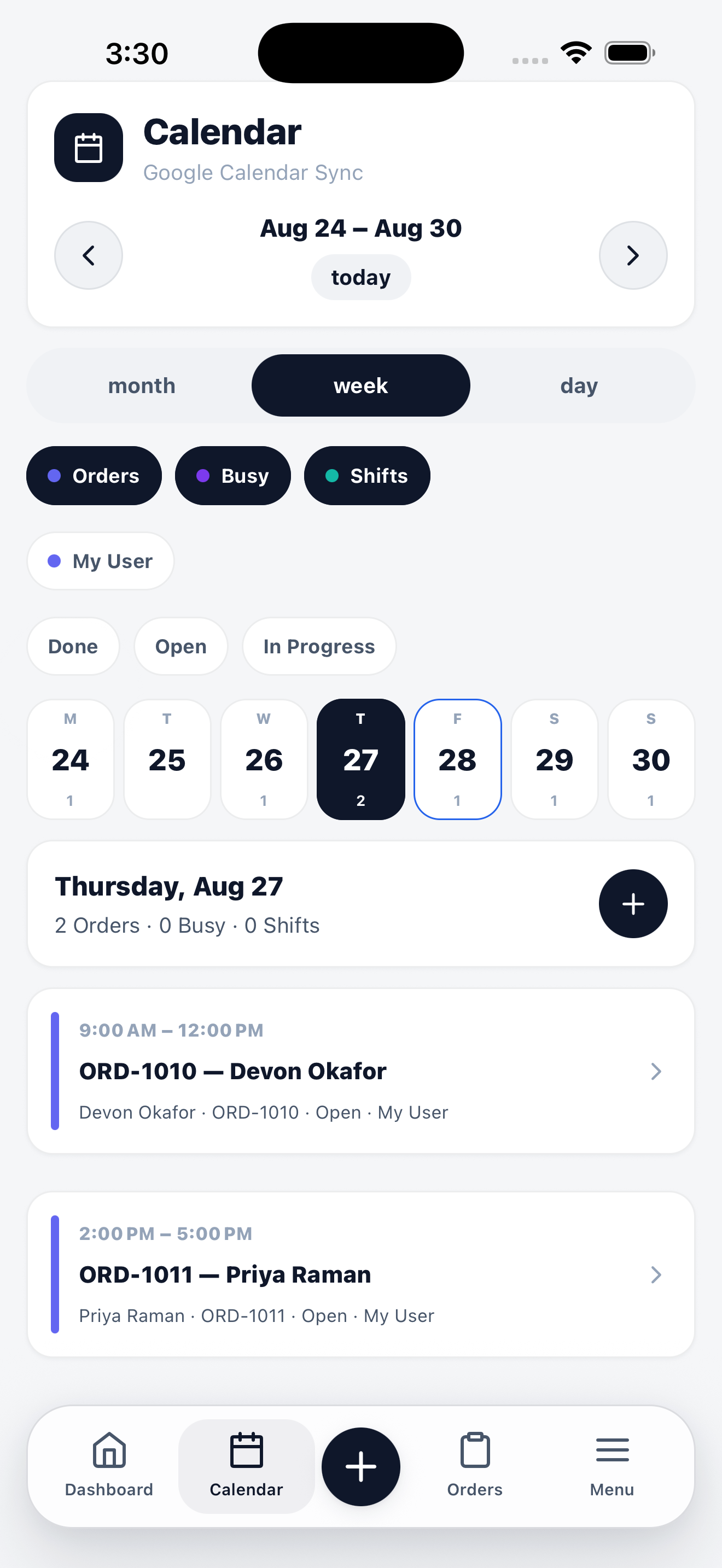 Mobile calendar in week view with Orders, Busy, and Shifts filters, a staff filter, status filters, a day strip, and the day's job list underneath.