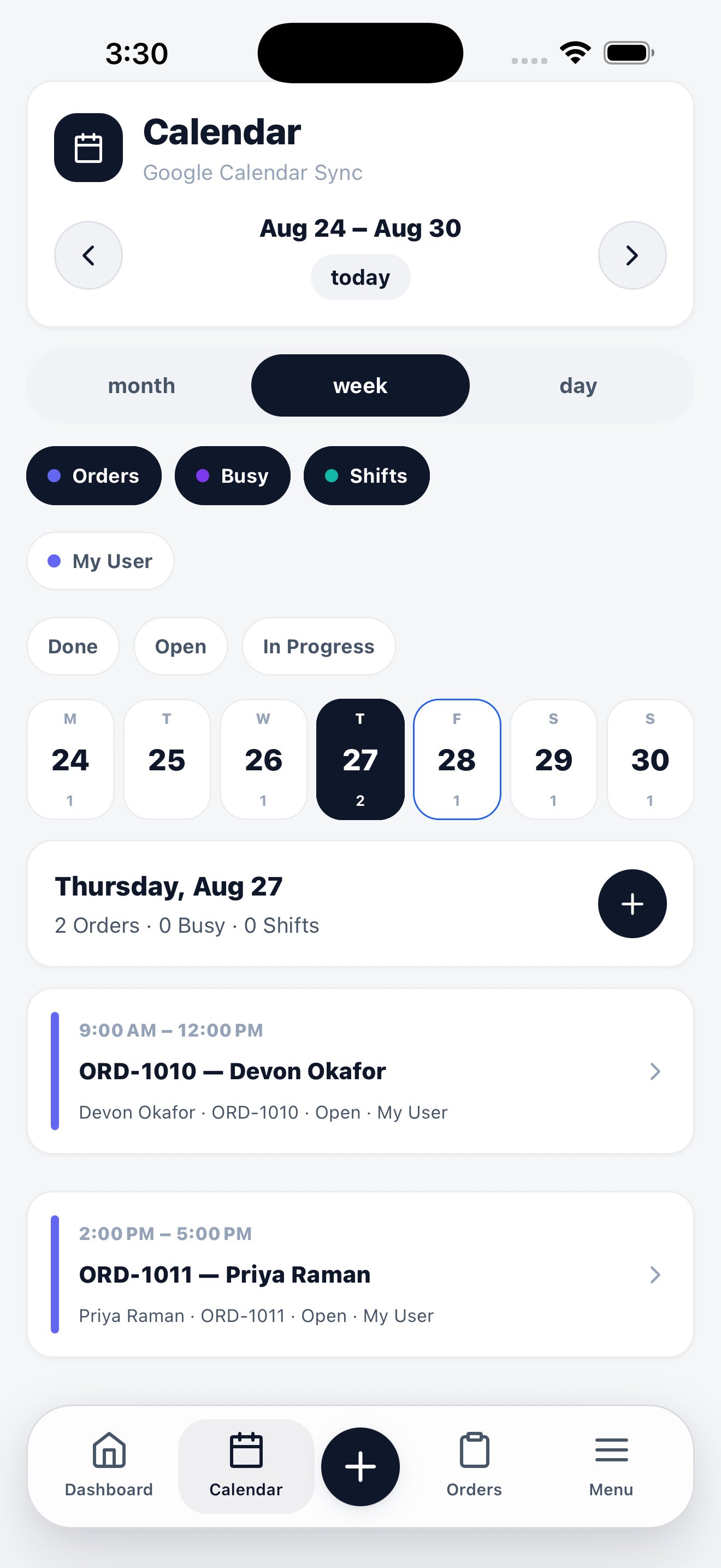 Mobile calendar in week view with Orders, Busy, and Shifts filters, a staff filter, status filters, a day strip, and the day's job list underneath.