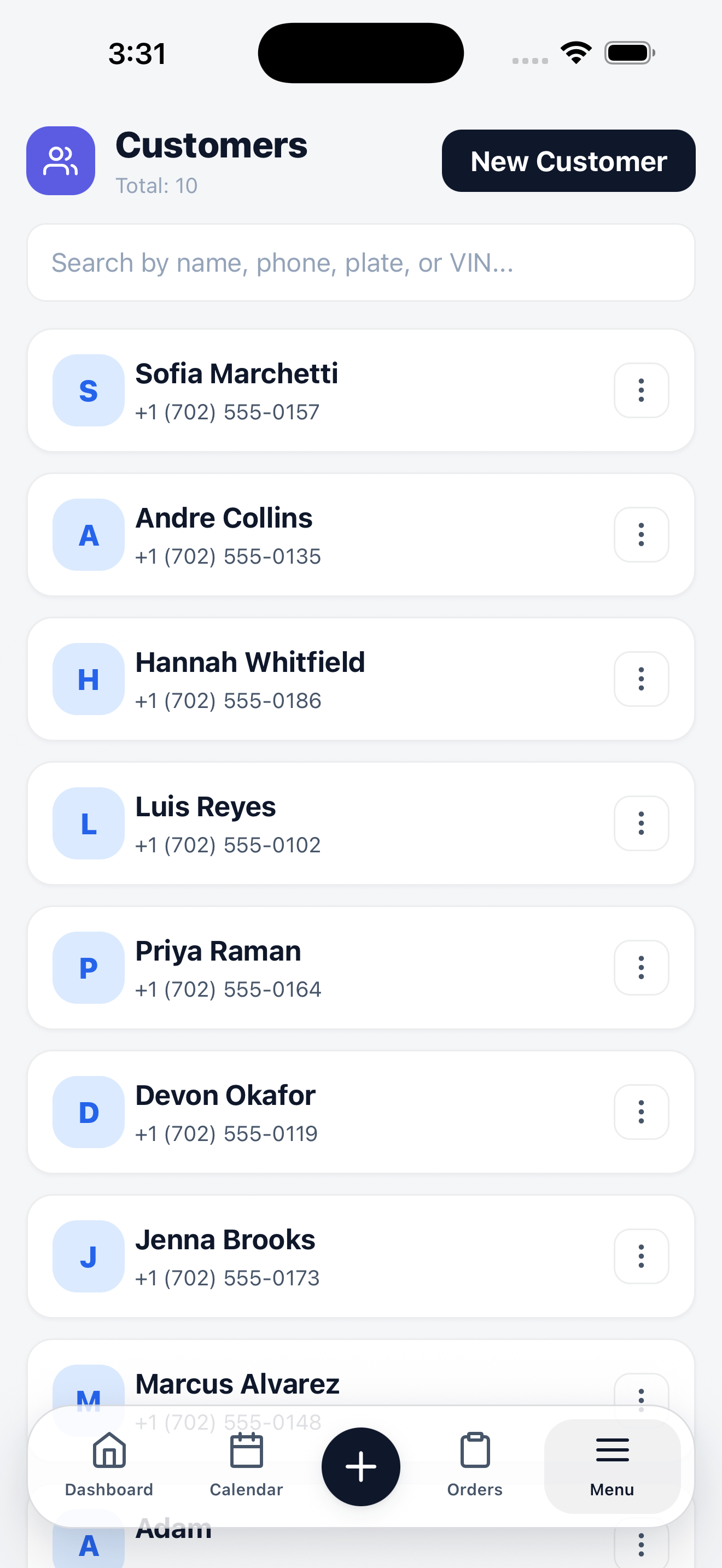 Mobile customer list with avatars, names, and phone numbers, above a search field.