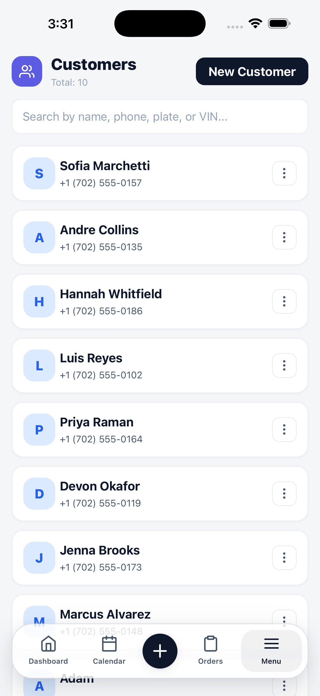 Mobile customer list with avatars, names, and phone numbers, above a search field.