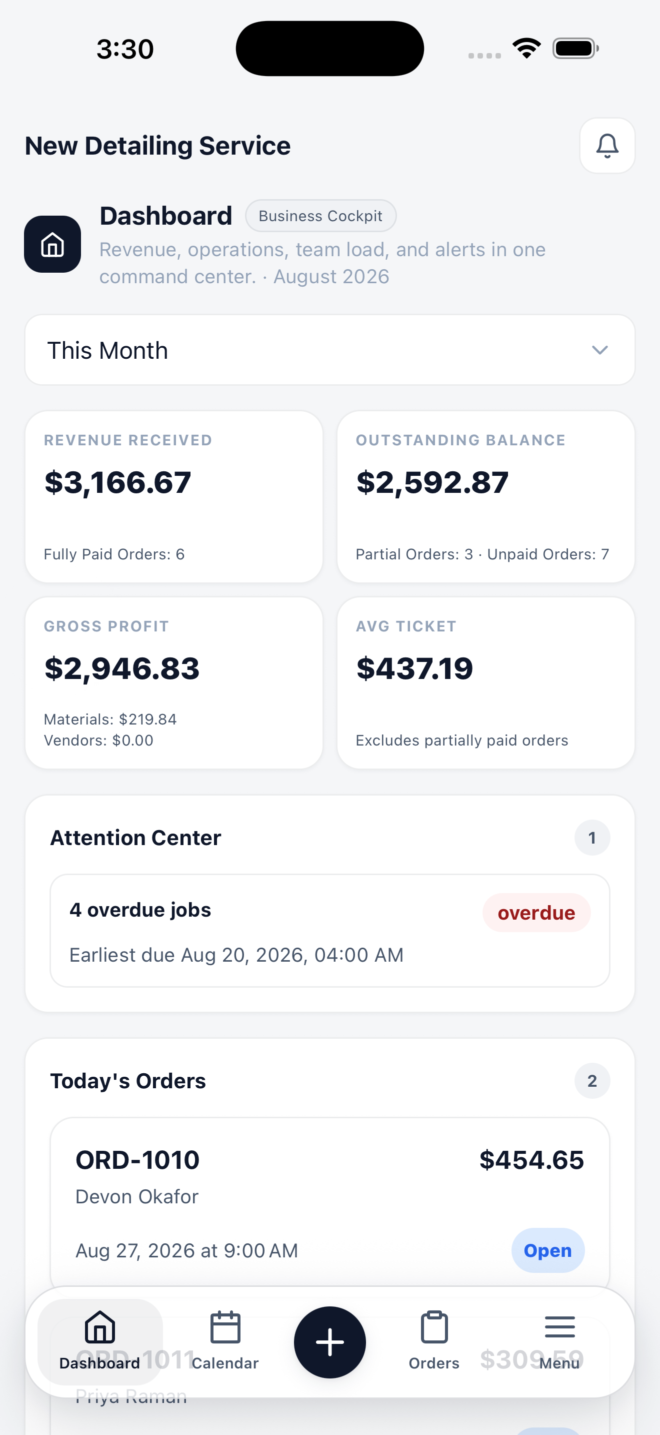 Mobile dashboard in Business Cockpit mode showing revenue received, outstanding balance, gross profit, average ticket, the Attention Center, and today's orders.