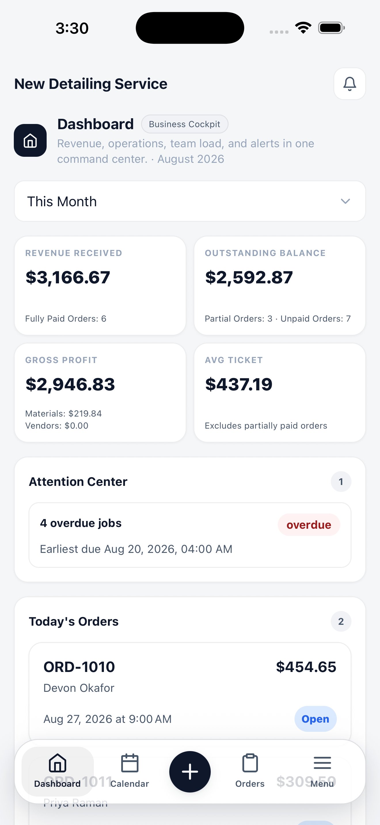 Mobile dashboard in Business Cockpit mode showing revenue received, outstanding balance, gross profit, average ticket, the Attention Center, and today's orders.
